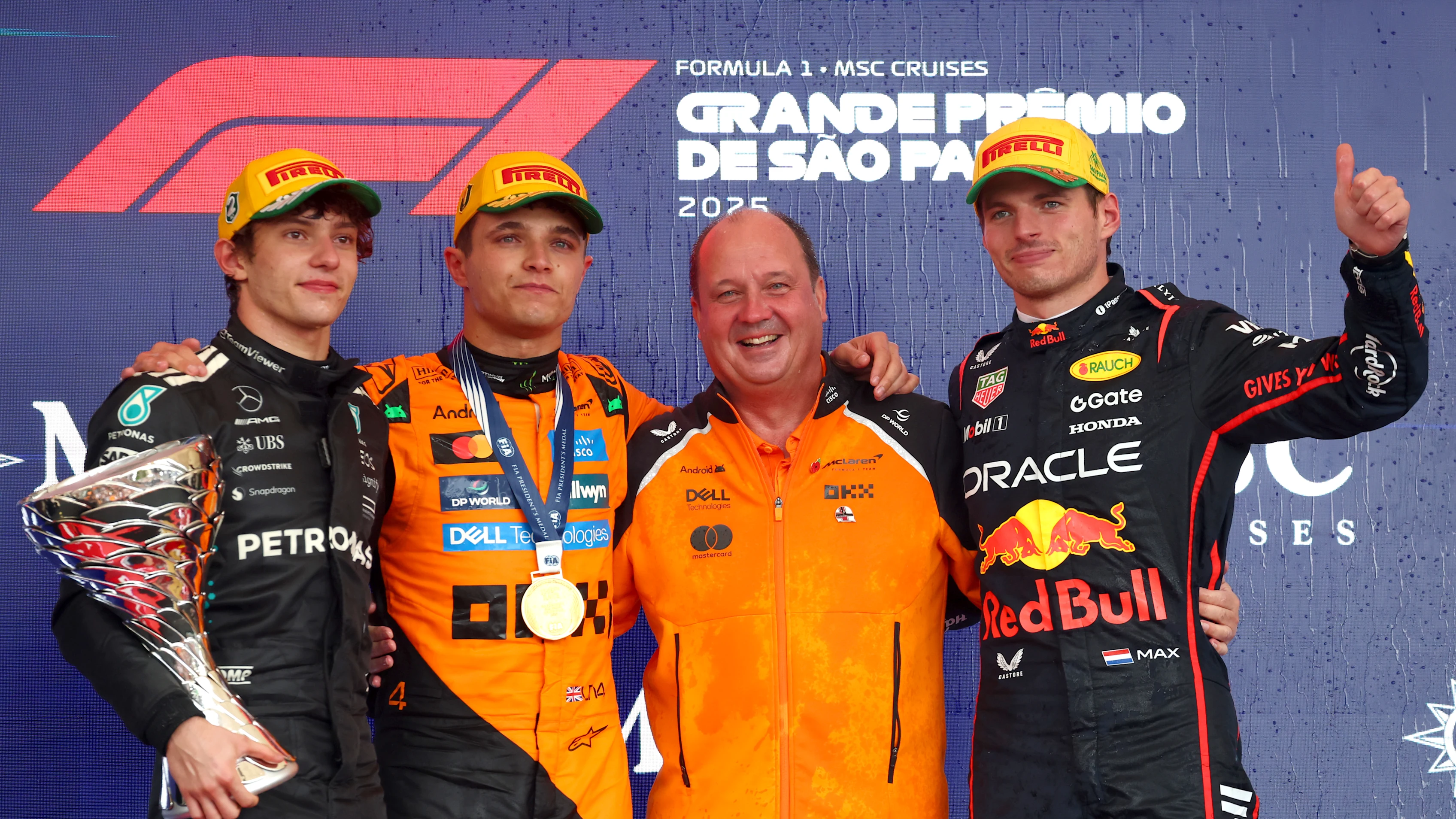 SAO PAULO, BRAZIL - NOVEMBER 09: Race winner Lando Norris of Great Britain and McLaren Second