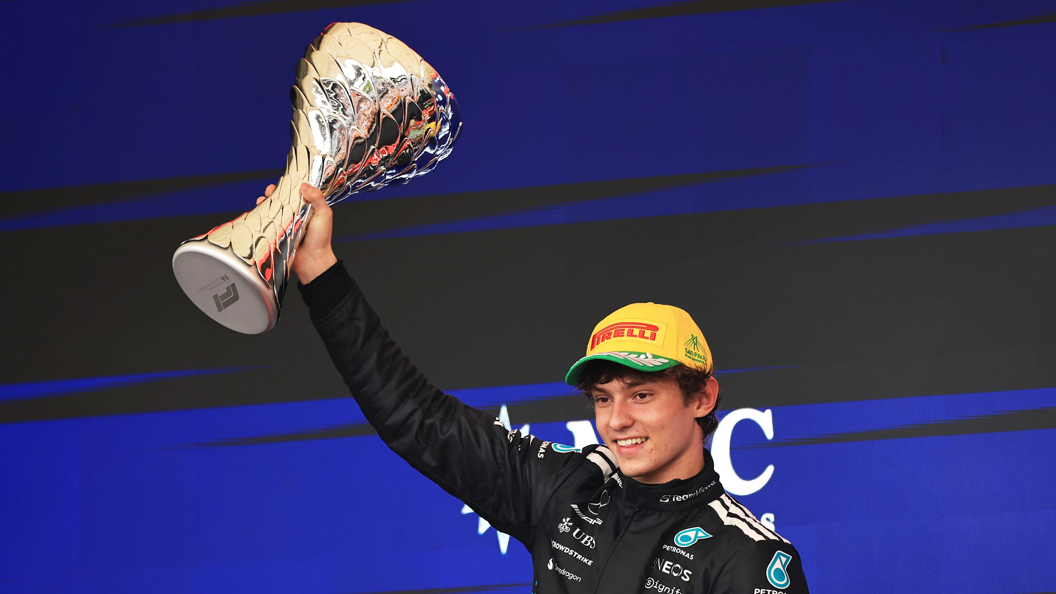 SAO PAULO, BRAZIL - NOVEMBER 09: Second placed Andrea Kimi Antonelli of Italy and Mercedes AMG