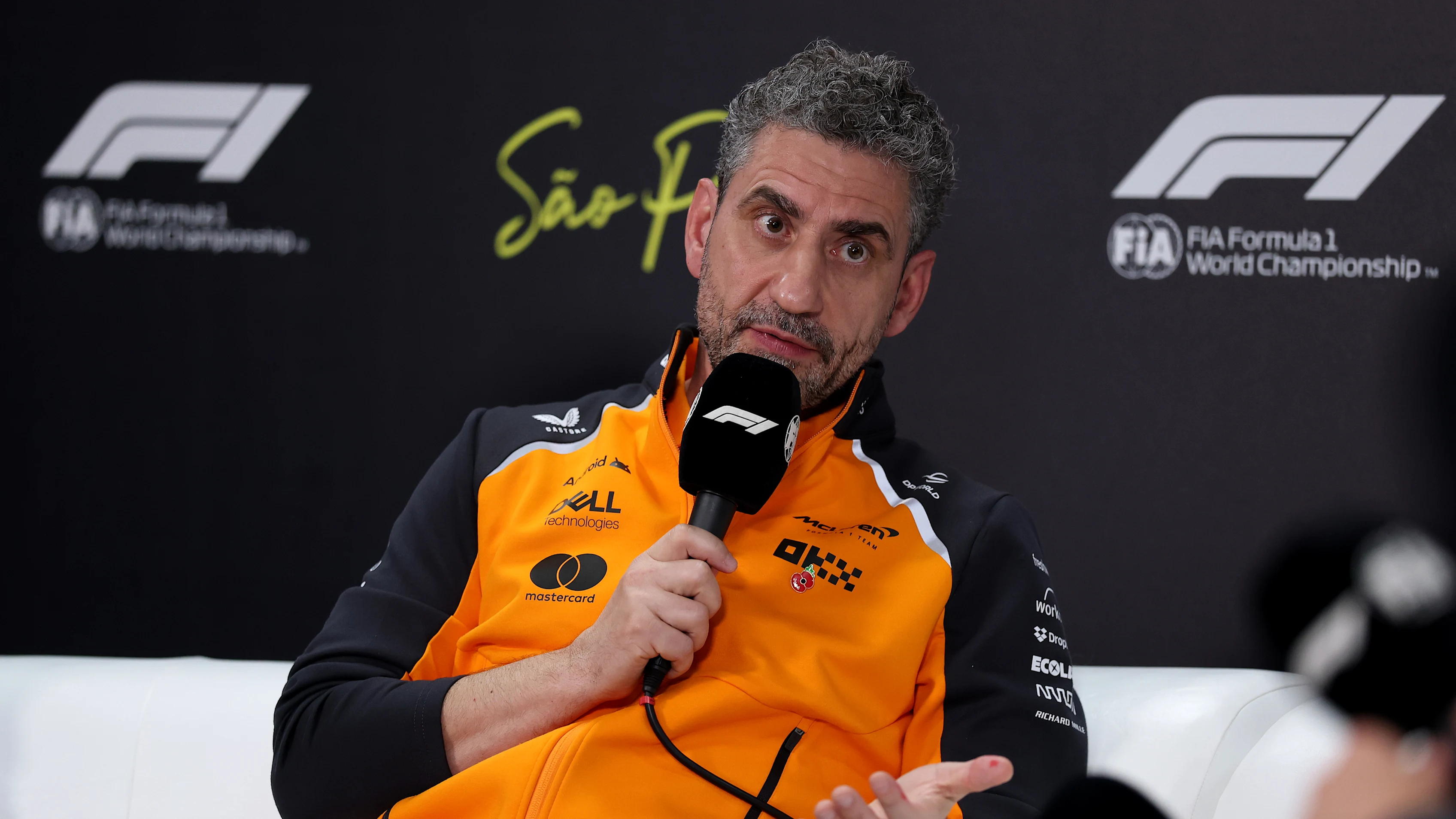SAO PAULO, BRAZIL - NOVEMBER 07: Andrea Stella, Team Principal of McLaren in the Team Principals Press Conference during practice ahead of the F1 Grand Prix of Brazil at Autodromo Jose Carlos Pace on November 07, 2025 in Sao Paulo, Brazil. (Photo by Lars Baron/Getty Images)