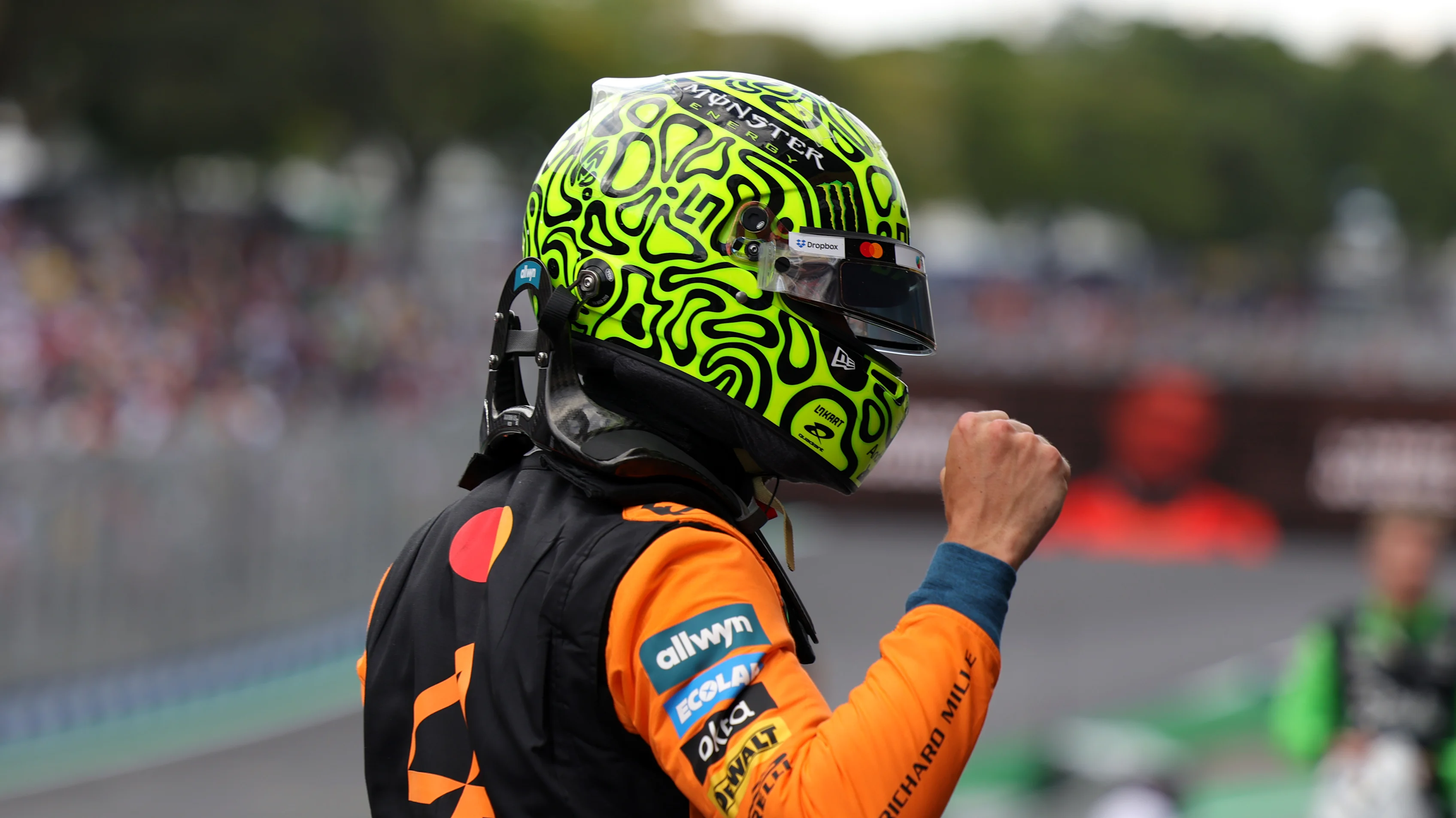 SAO PAULO, BRAZIL - NOVEMBER 08: Pole position qualifier Lando Norris of Great Britain and McLaren celebrates in parc ferme during qualifying ahead of the F1 Grand Prix of Brazil at Autodromo Jose Carlos Pace on November 08, 2025 in Sao Paulo, Brazil. (Photo by Anni Graf - Formula 1/Formula 1 via Getty Images)