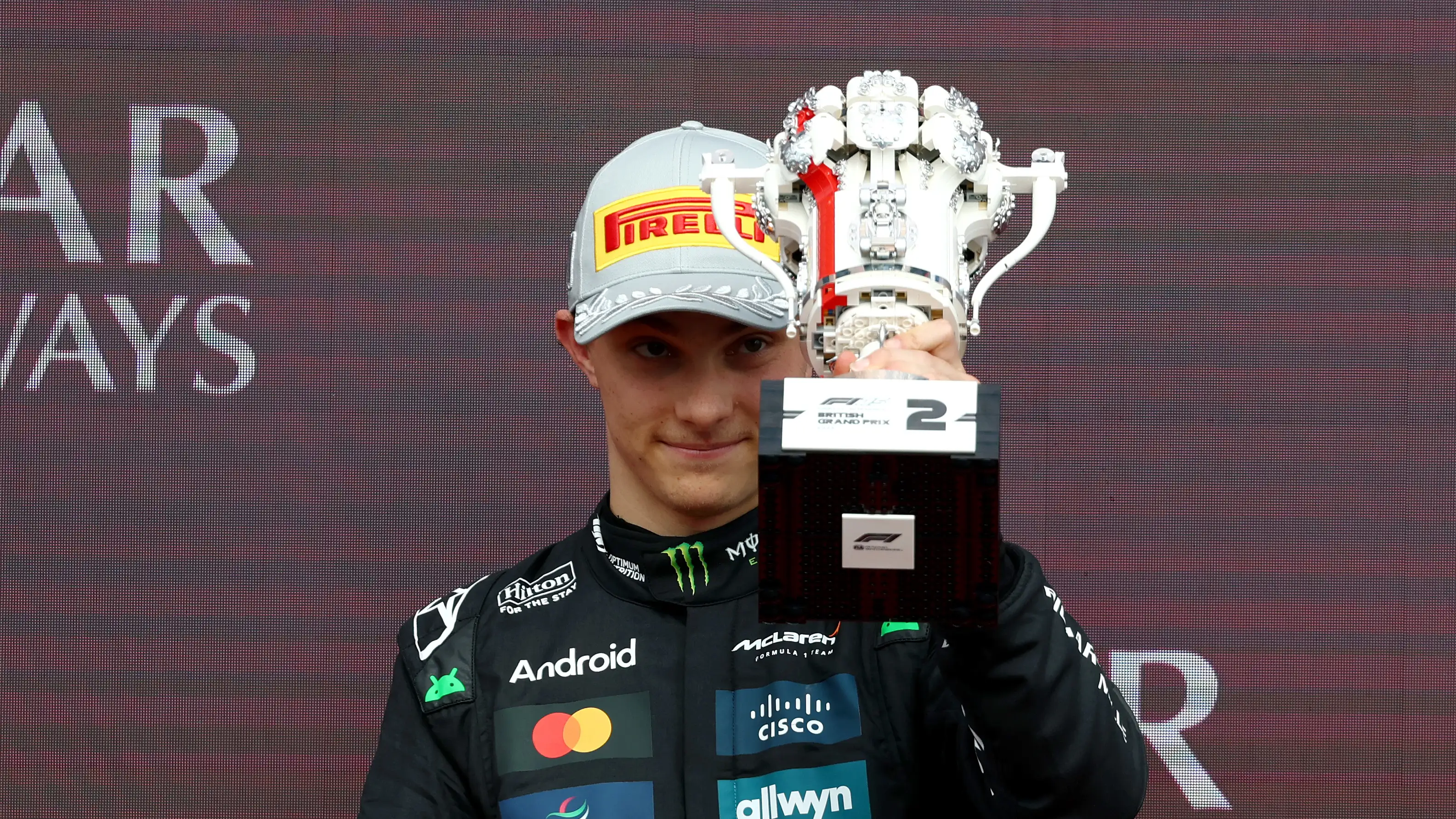 NORTHAMPTON, ENGLAND - JULY 06: Second placed Oscar Piastri of Australia and McLaren on the podium