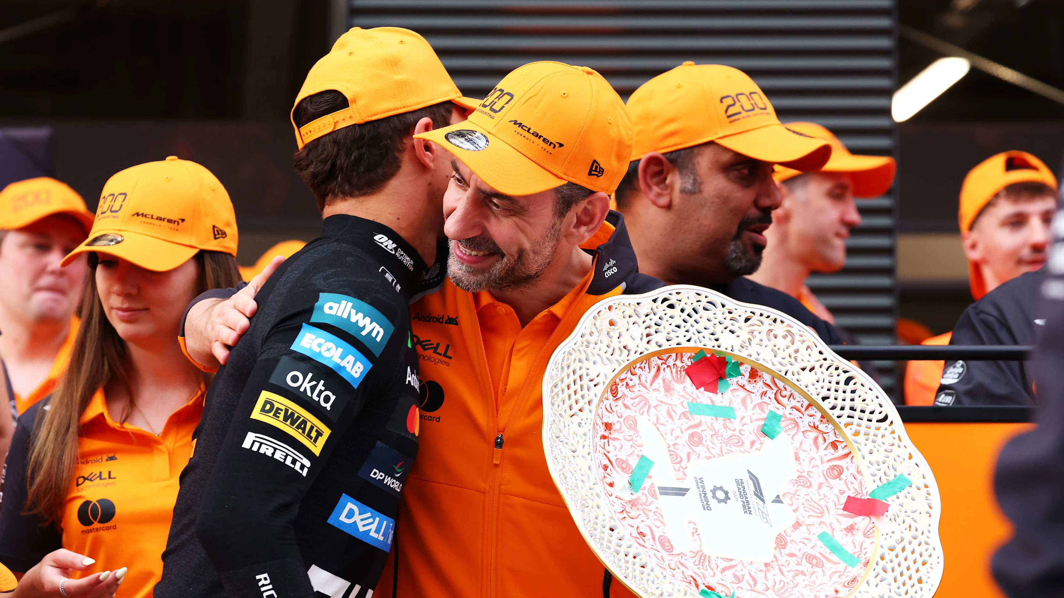 BUDAPEST, HUNGARY - AUGUST 03: Race winner Lando Norris of Great Britain and McLaren Andrea Stella,