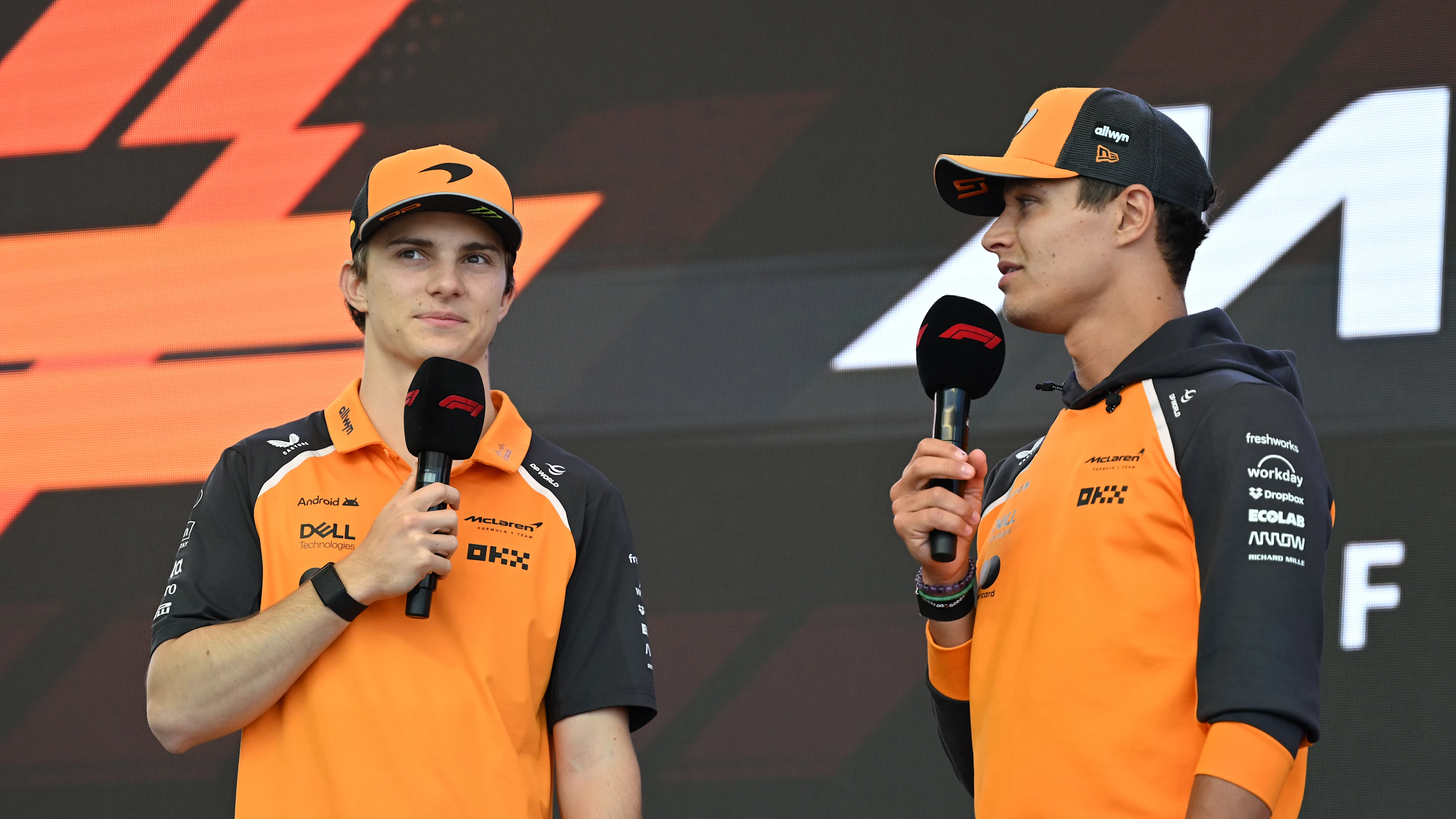 BUDAPEST, HUNGARY - AUGUST 01: Oscar Piastri of Australia and McLaren and Lando Norris of Great