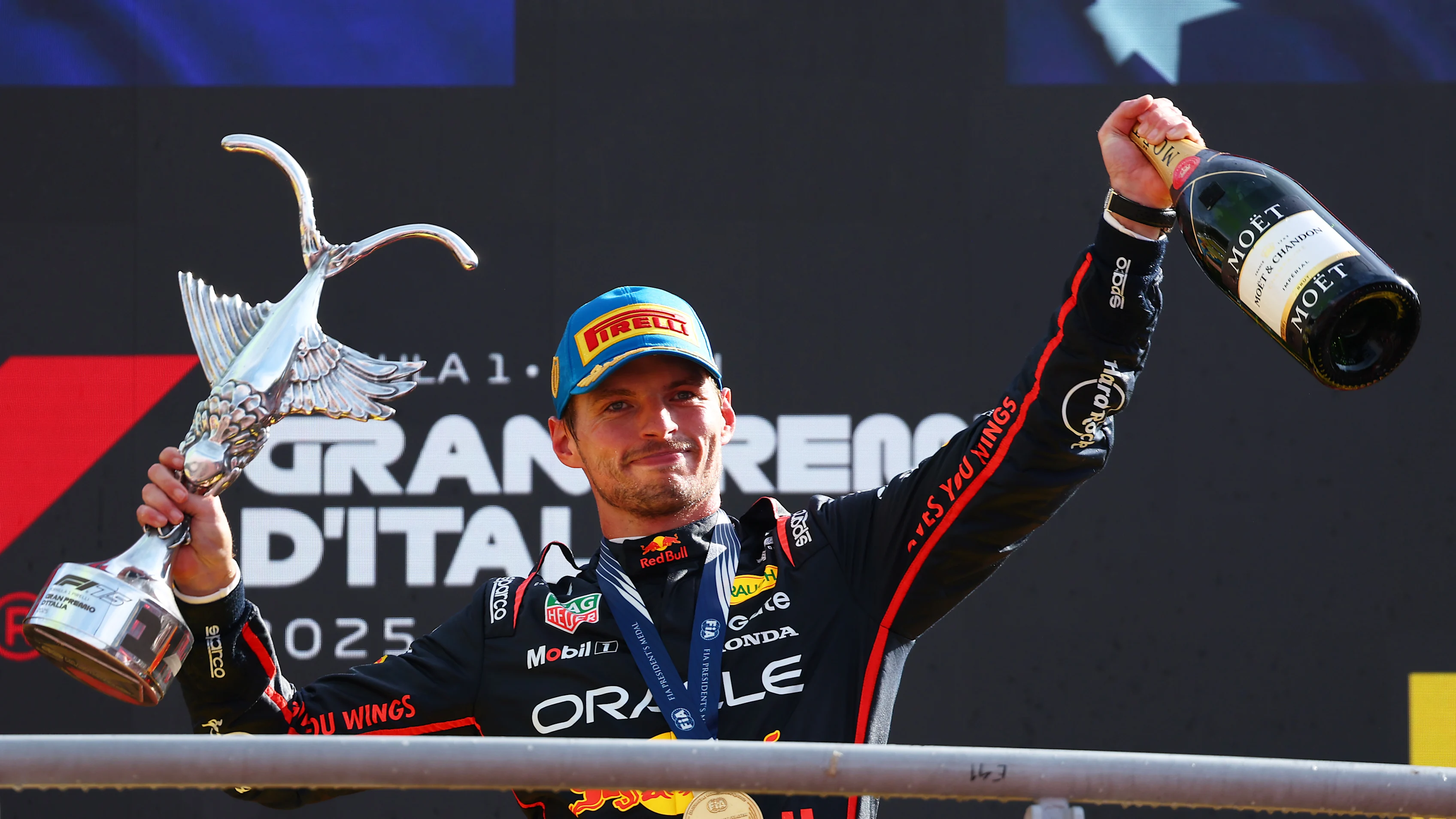 MONZA, ITALY - SEPTEMBER 07: Race winner Max Verstappen of the Netherlands and Oracle Red Bull