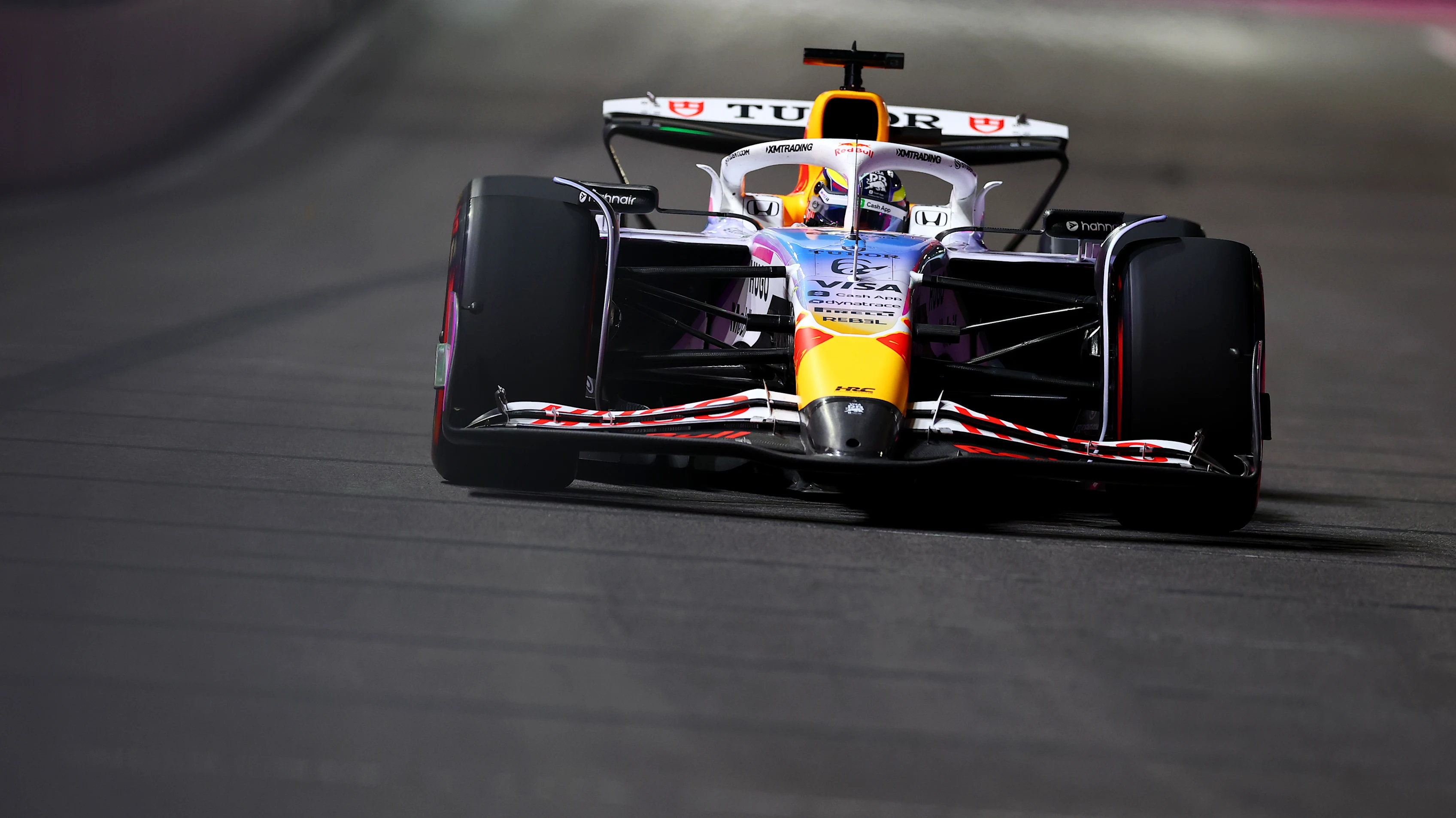 LAS VEGAS, NEVADA - NOVEMBER 20: Isack Hadjar of France driving the (6) Visa Cash App Racing Bulls VCARB 02 on track during practice ahead of the F1 Grand Prix of Las Vegas at Las Vegas Strip Circuit on November 20, 2025 in Las Vegas, Nevada. (Photo by Bryn Lennon - Formula 1/Formula 1 via Getty Images)