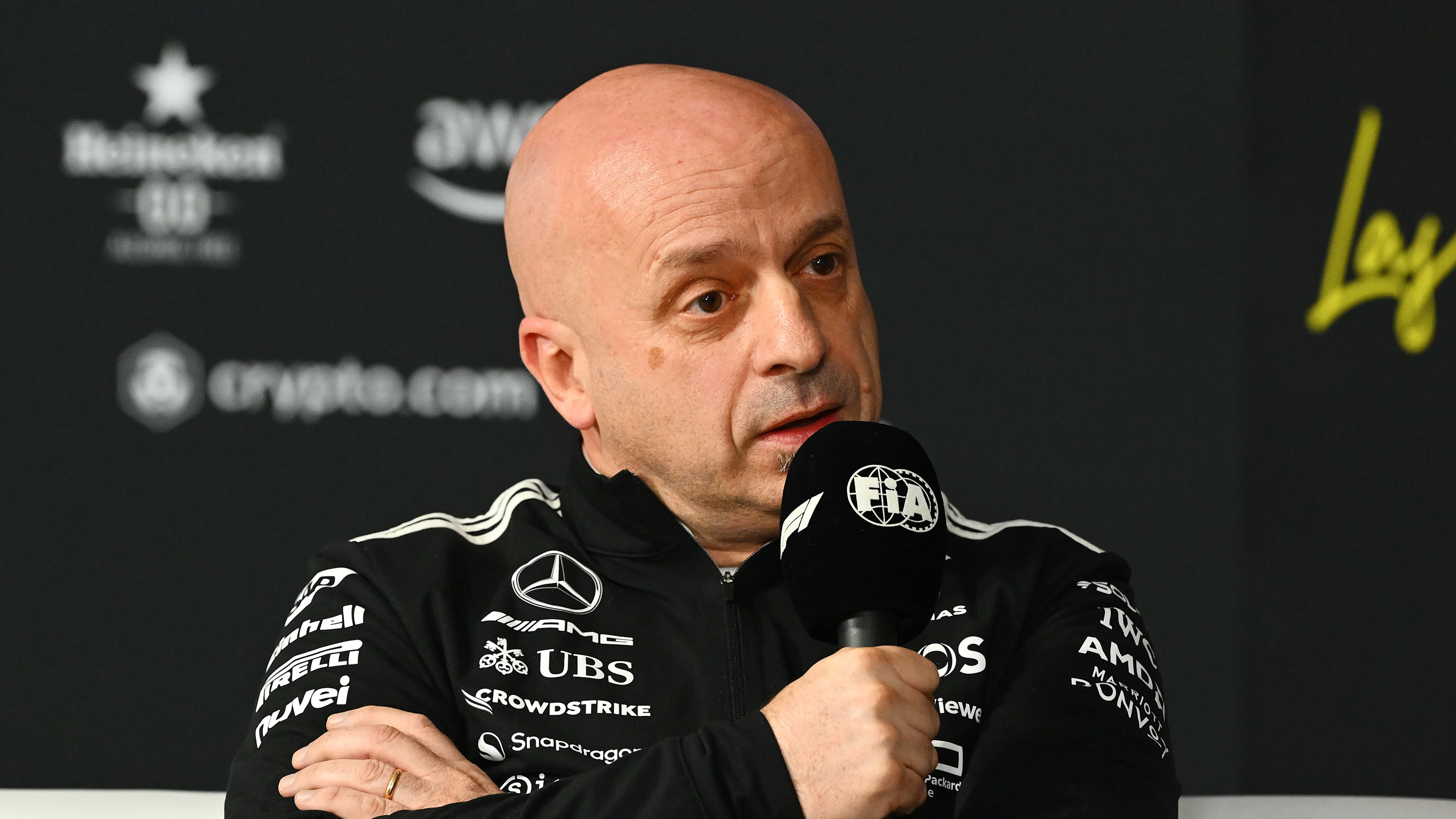 LAS VEGAS, NEVADA - NOVEMBER 20: Simone Resta, Deputy Technical Director at Mercedes AMG Petronas F1 Team in the Team Principals Press Conference during practice ahead of the F1 Grand Prix of Las Vegas at Las Vegas Strip Circuit on November 20, 2025 in Las Vegas, Nevada. (Photo by Mark Sutton/Getty Images)