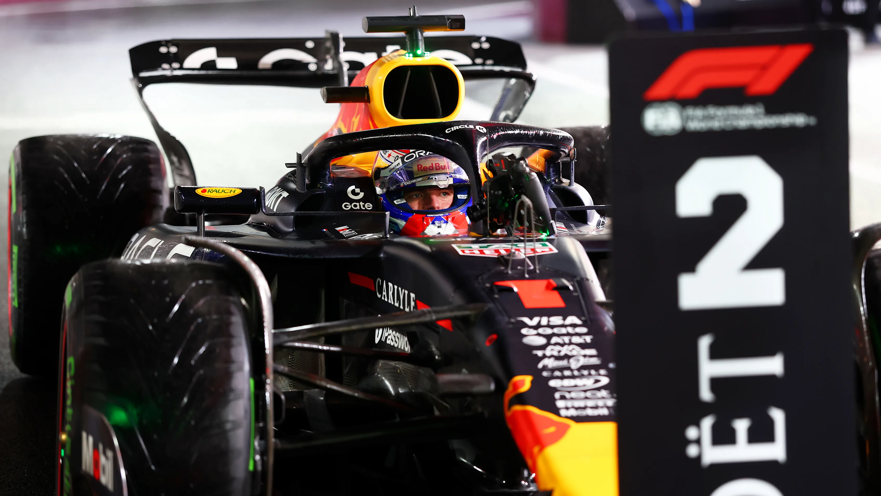 LAS VEGAS, NEVADA - NOVEMBER 21: Second placed qualifier Max Verstappen of the Netherlands and Oracle Red Bull Racing stops in parc ferme during qualifying ahead of the F1 Grand Prix of Las Vegas at Las Vegas Strip Circuit on November 21, 2025 in Las Vegas, Nevada. (Photo by Mark Thompson/Getty Images)