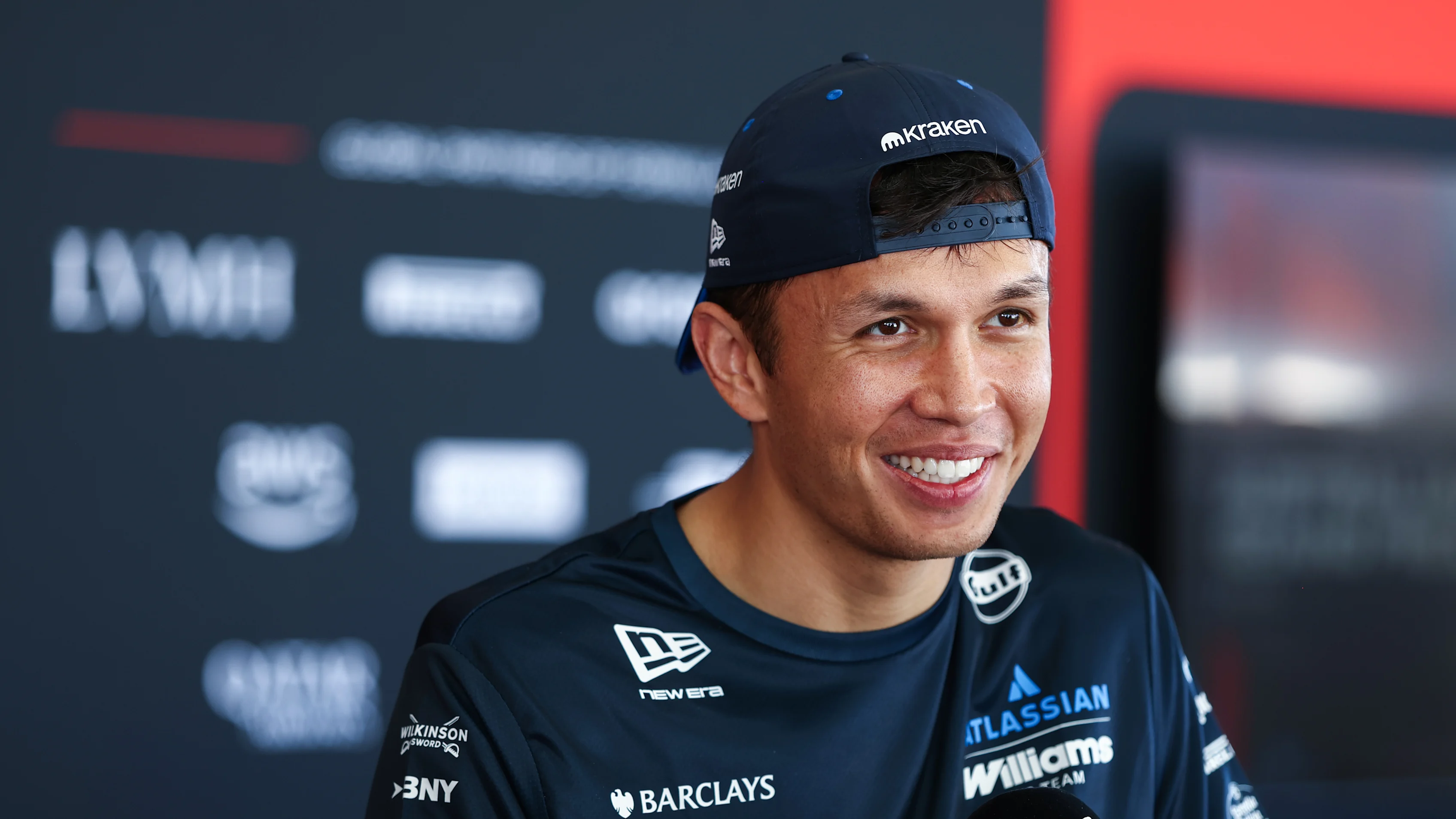 MELBOURNE, AUSTRALIA - MARCH 05: Alexander Albon of Thailand and Williams talks to the media during