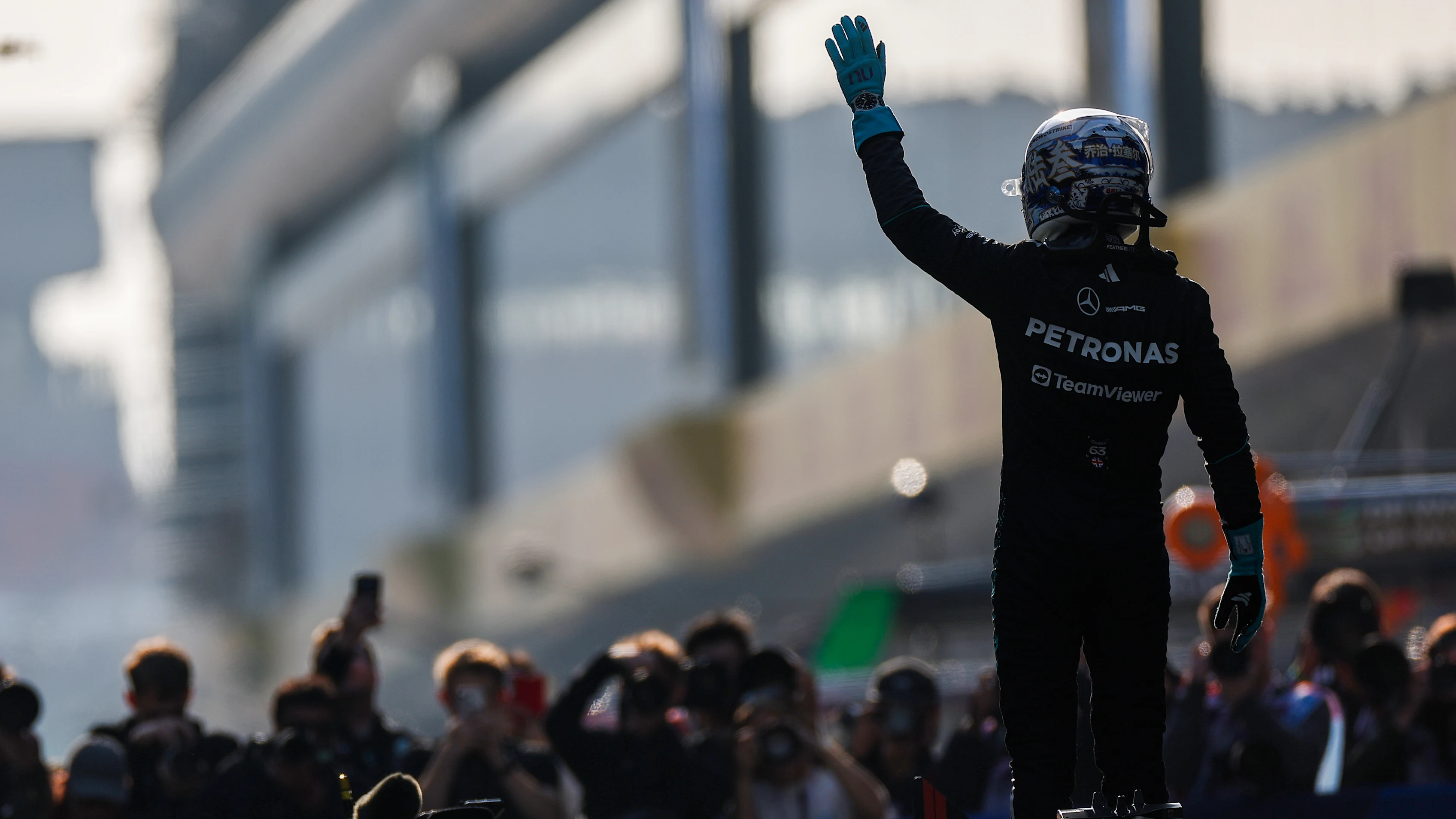 SHANGHAI, CHINA - MARCH 13: George Russell of Mercedes and Great Britain celebrates pole positio during sprint qualifying ahead of the F1 Grand Prix of China at Shanghai International Circuit on March 13, 2026 in Shanghai, China. (Photo by Peter Fox/Getty Images)