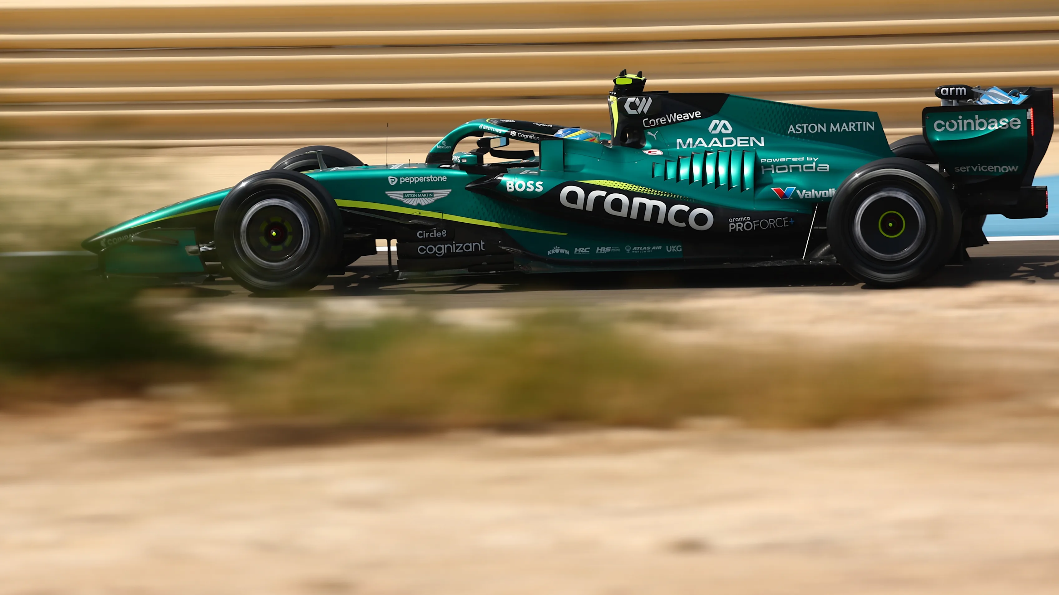 BAHRAIN, BAHRAIN - FEBRUARY 12: Fernando Alonso of Spain driving the (14) Aston Martin F1 Team