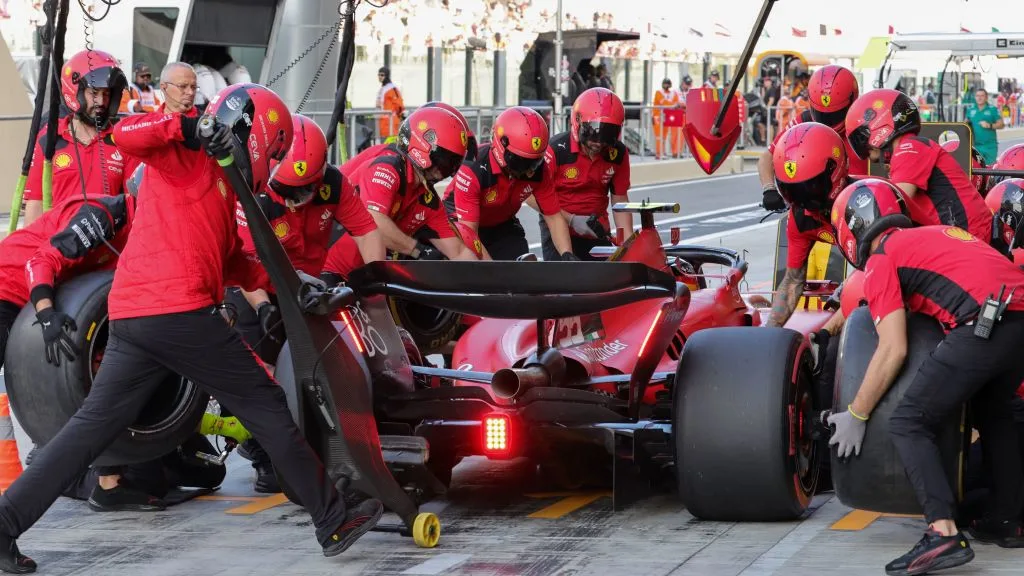 Ferrari's Spanish driver Carlos Sainz Jr arrives in the pit during the third practice session for