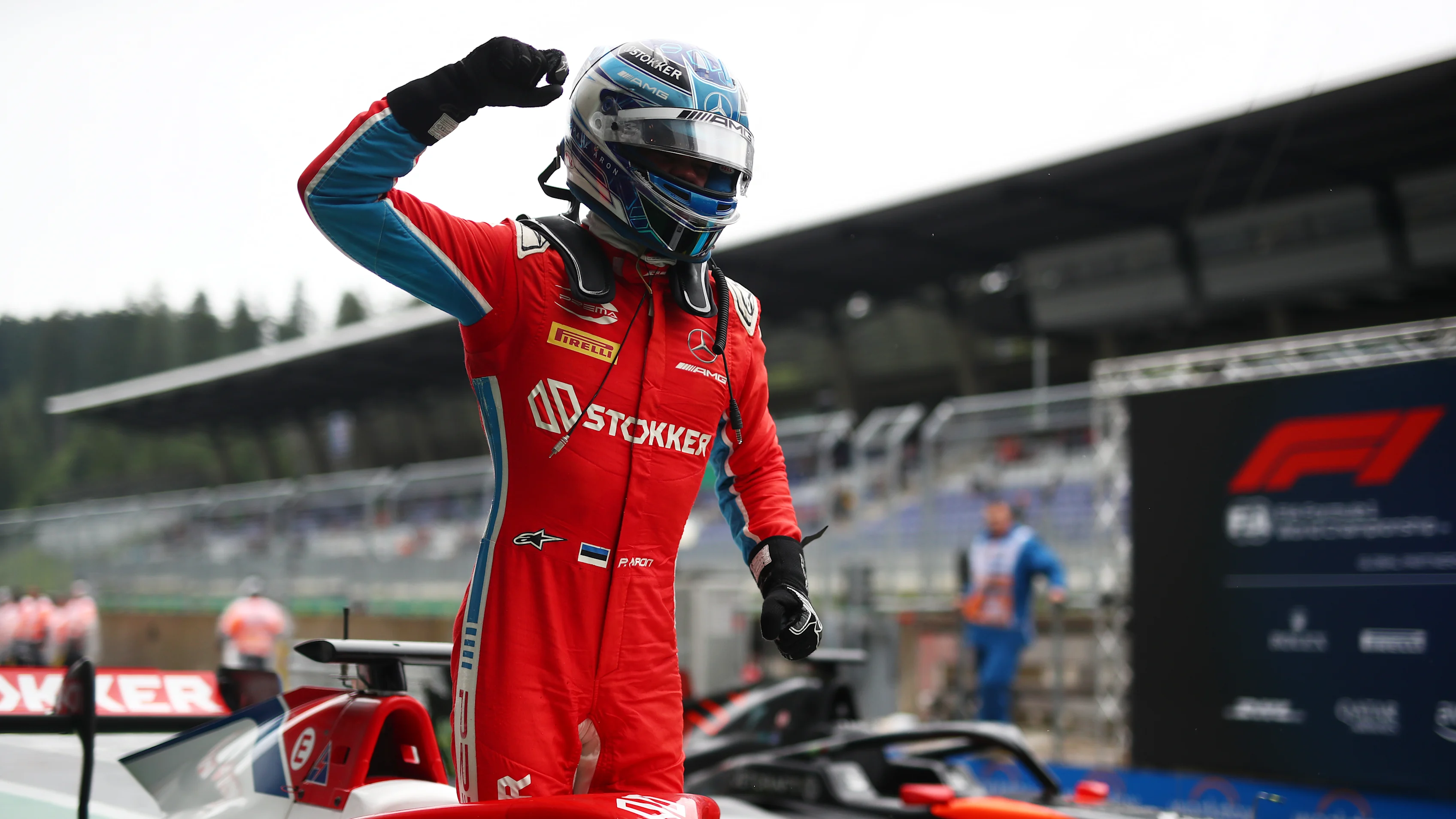 SPIELBERG, AUSTRIA - JULY 01: Race winner Paul Aron of Estonia and PREMA Racing (1) celebrates in