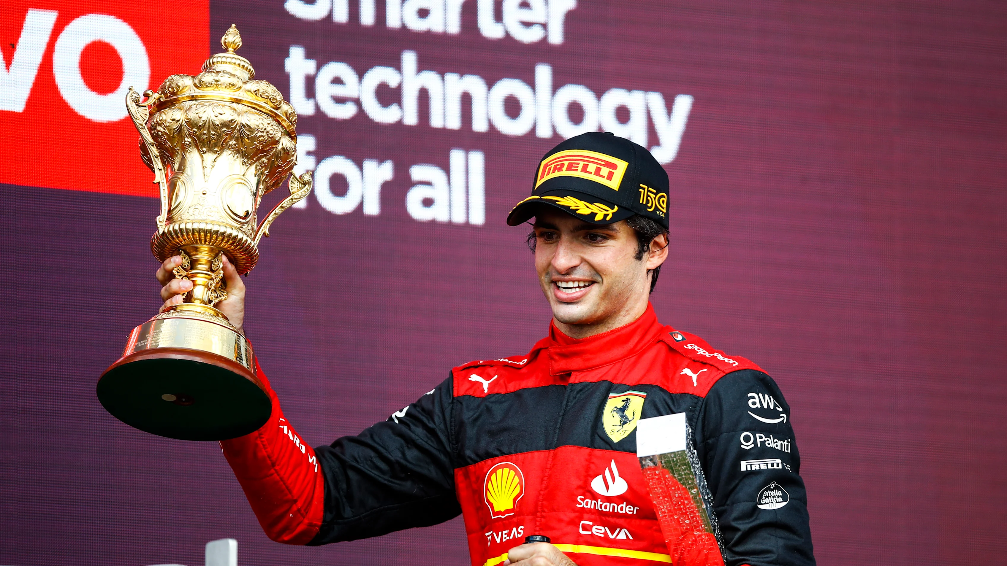 Carlos Sainz, Scuderia Ferrari, portrait celebrating his first victory in F1 podium during the