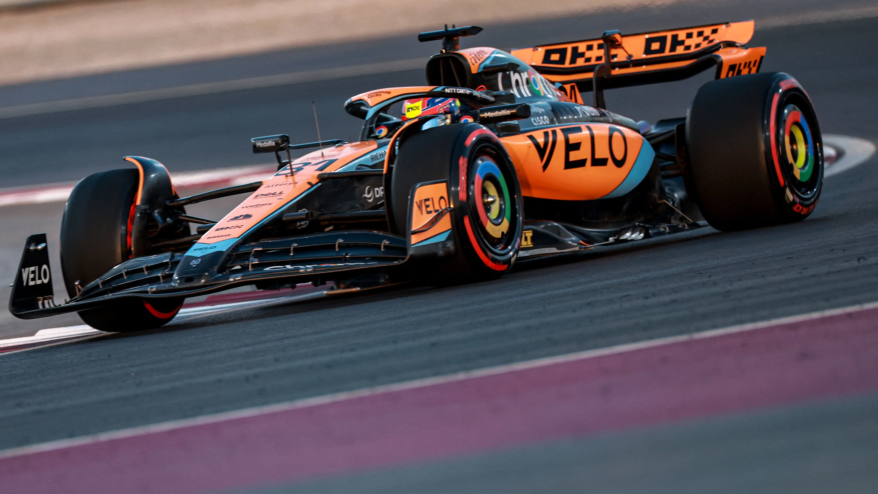 McLaren's Australian driver Oscar Piastri drives during the sprint shootout ahead of Qatari Formula