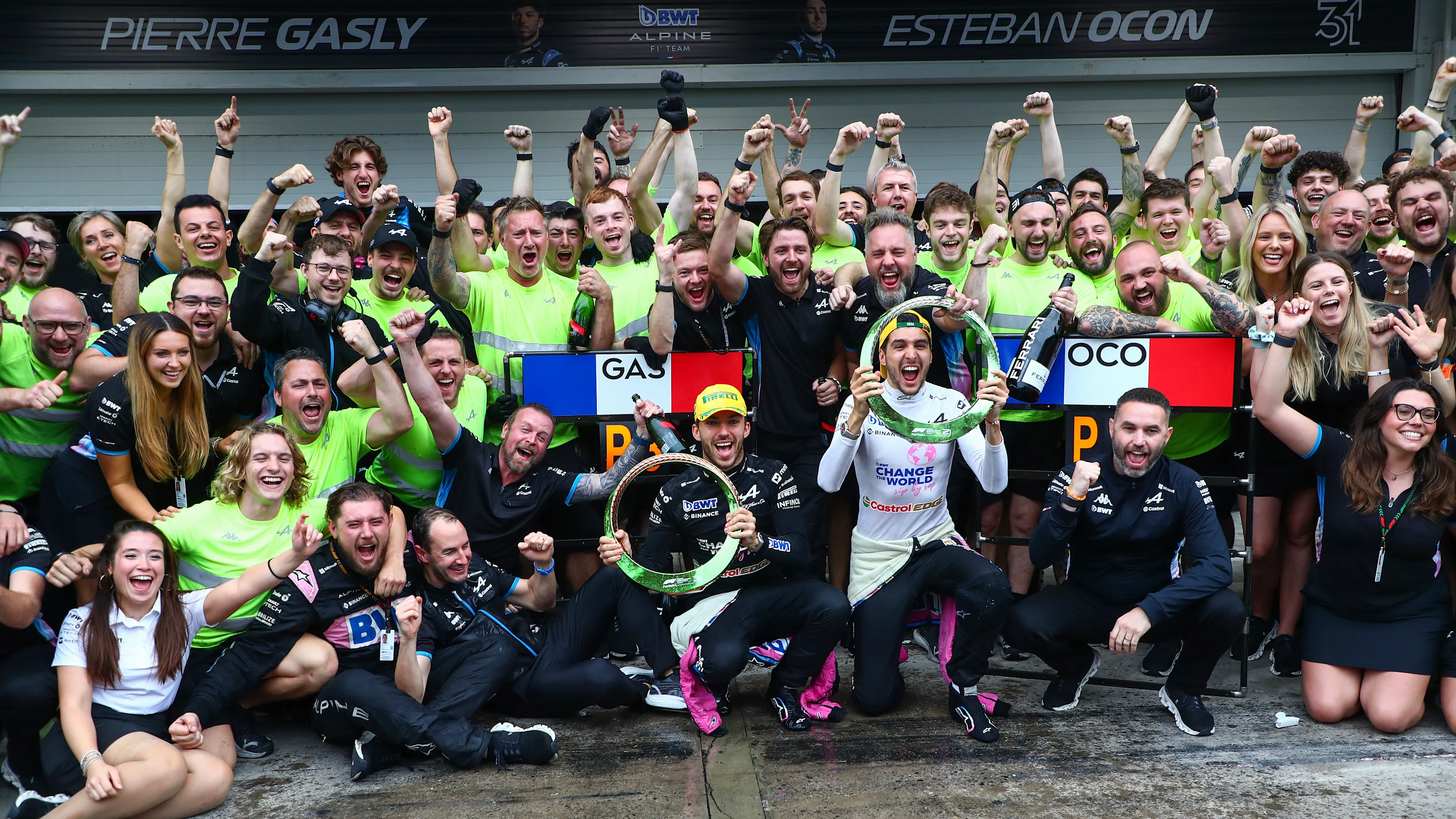 SAO PAULO, BRAZIL - NOVEMBER 03: Second placed Esteban Ocon of France and Alpine F1 and Third