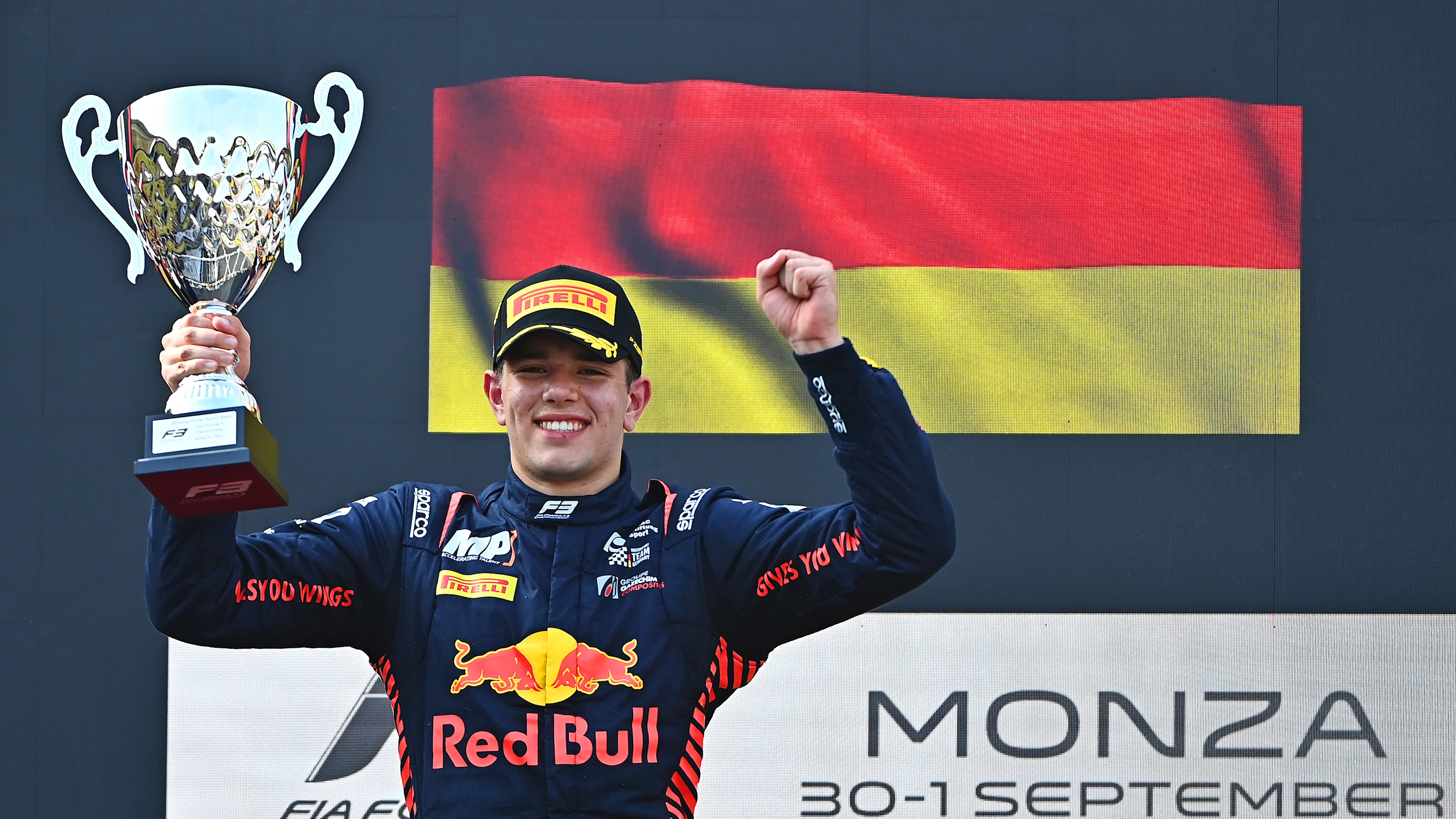 MONZA, ITALY - AUGUST 31: Race winner Tim Tramnitz of Germany and MP Motorsport (7) celebrates on