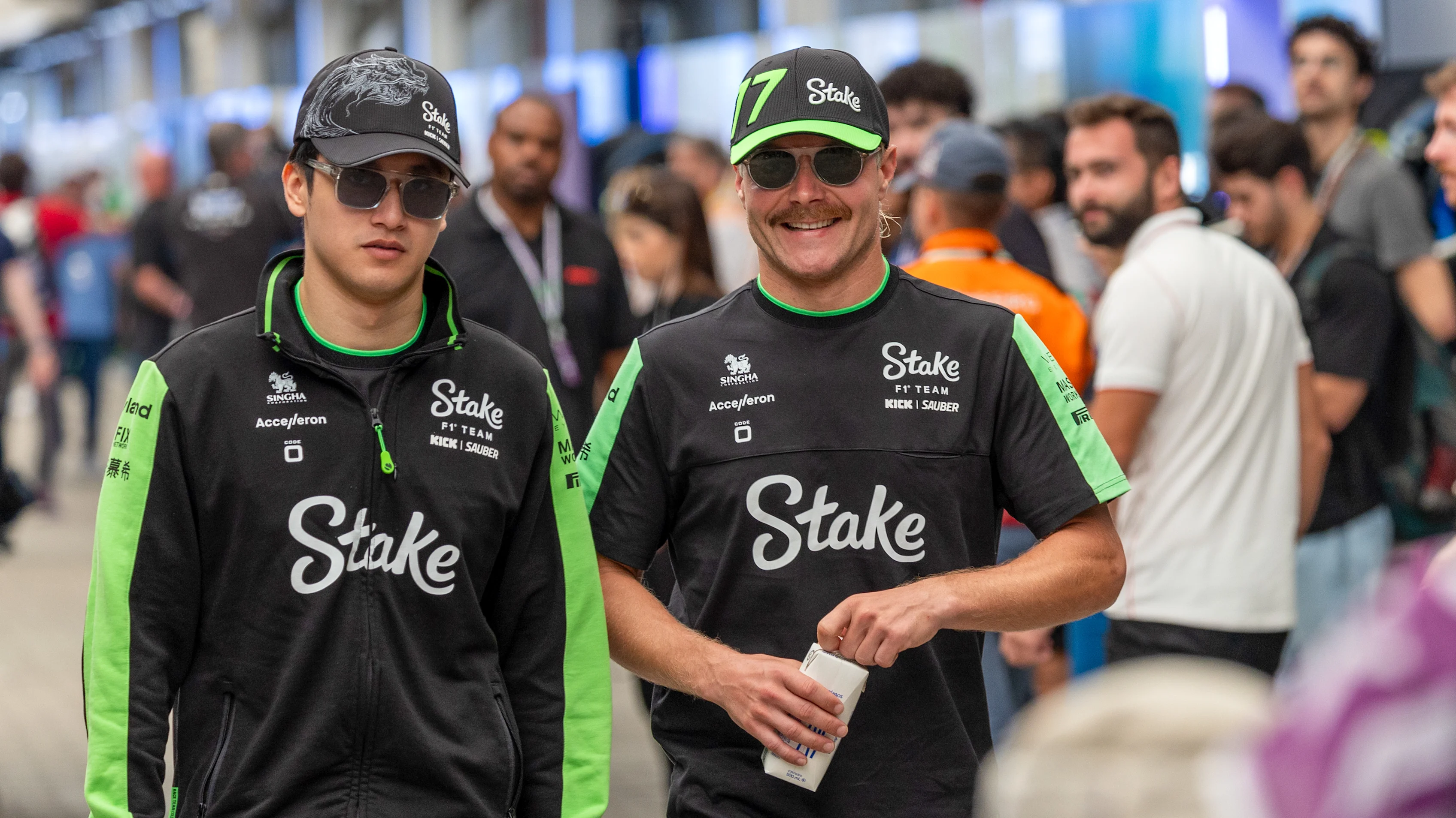 Valtteri Bottas of Finland drives the (77) Stake F1 Team Kick Sauber C44 Ferrari, and Guanyu Zhou