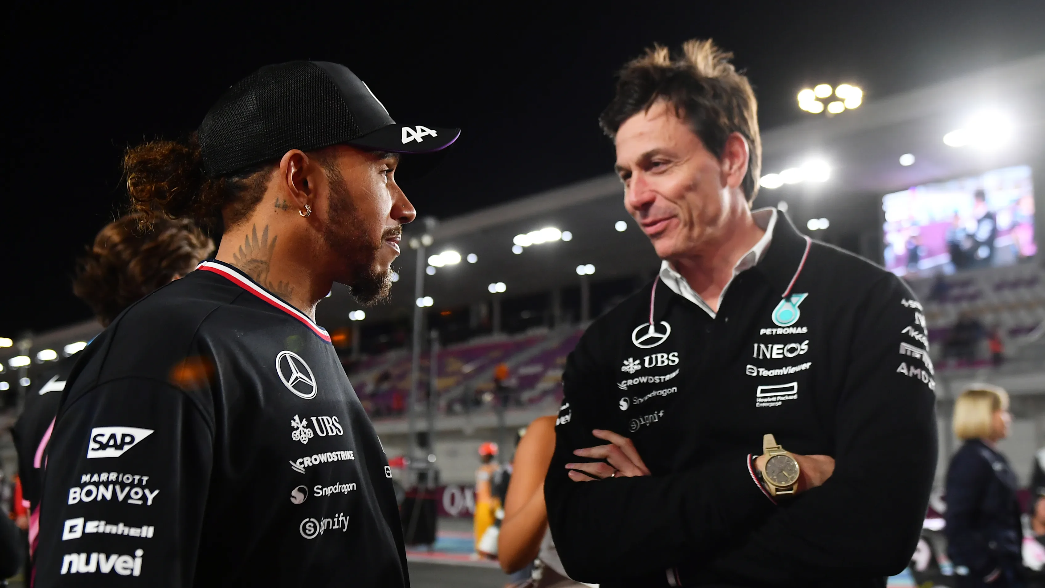 ABU DHABI, UNITED ARAB EMIRATES - NOVEMBER 23: Lewis Hamilton of Great Britain and Mercedes-AMG