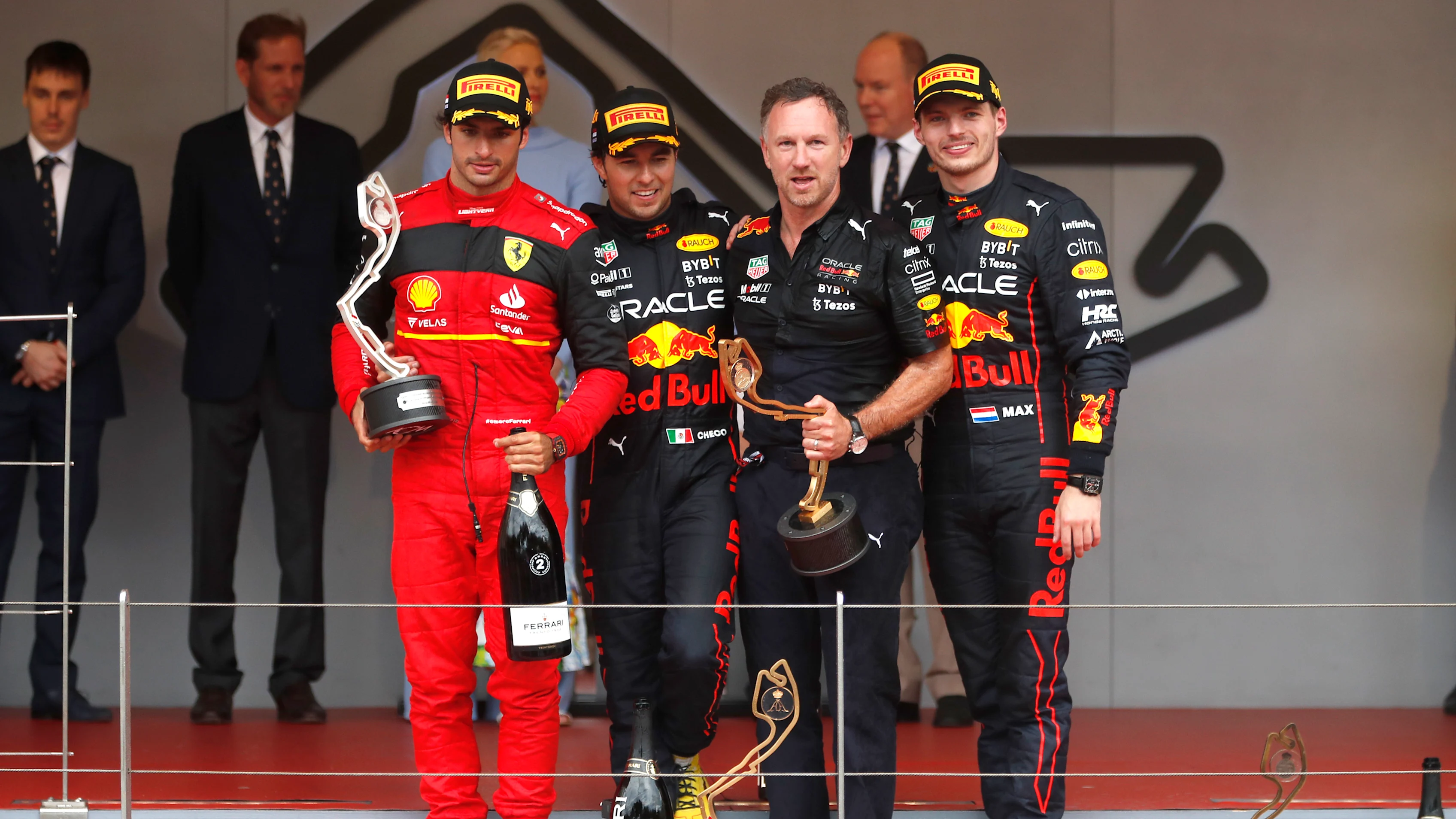 CIRCUIT DE MONACO, MONACO - MAY 29: Carlos Sainz, Ferrari, 2nd position, Sergio Perez, Red Bull