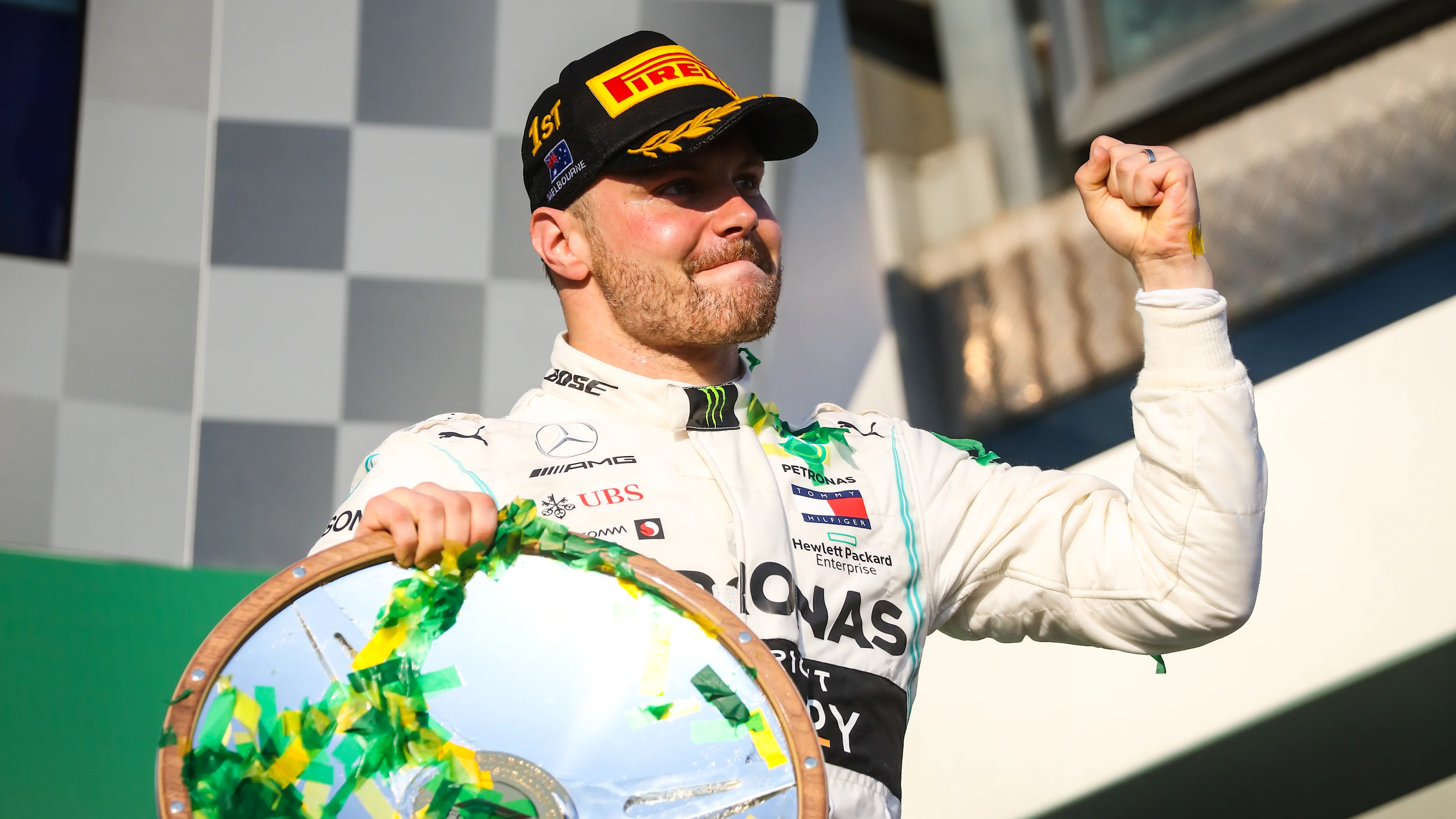 MELBOURNE, AUSTRALIA - MARCH 17: Valtteri BOTTAS of Mercedes-AMG Petronas Motorsport celebrates