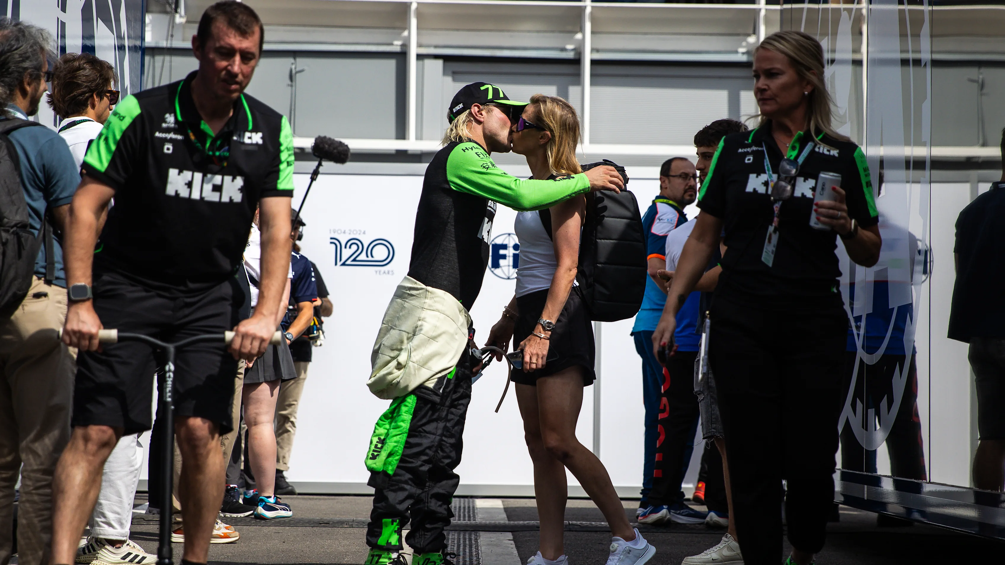 BARCELONA, SPAIN - JUNE 23: Valtteri Bottas of Finland and Stake F1 Team Kick Sauber shares a kiss