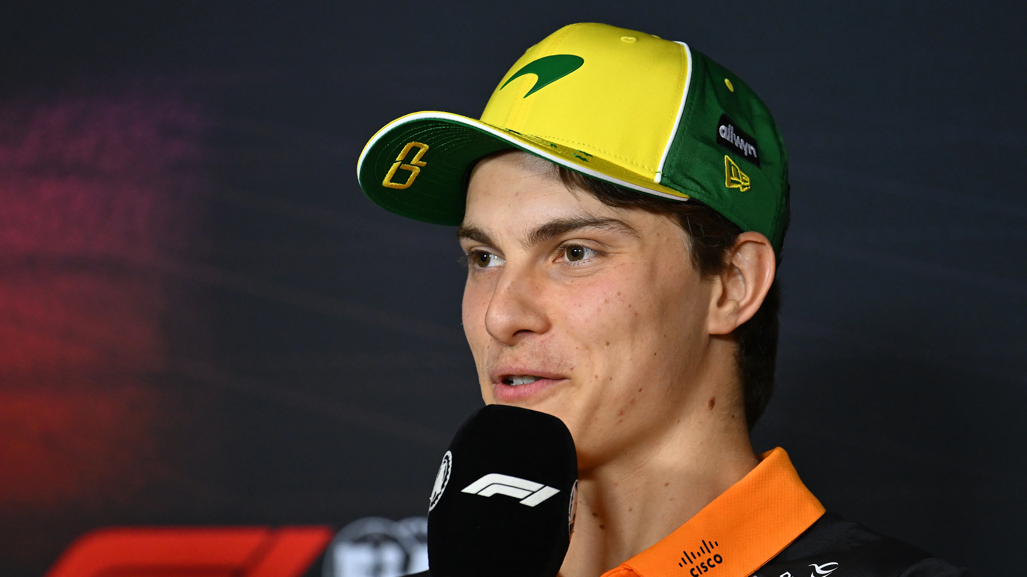 MELBOURNE, AUSTRALIA - MARCH 13: Oscar Piastri of Australia and McLaren is interviewed in the Press