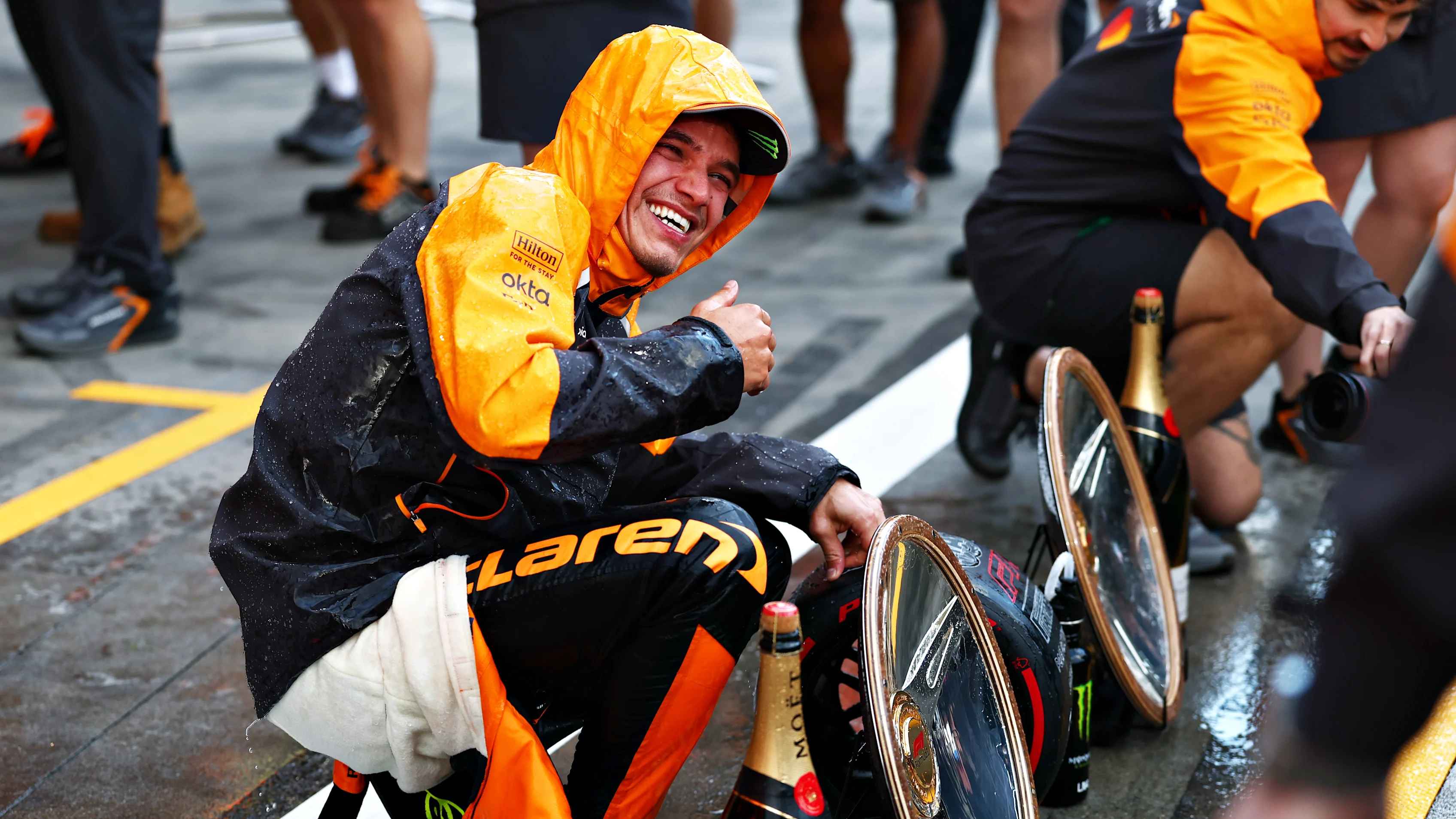 MELBOURNE, AUSTRALIA - MARCH 16: Race winner Lando Norris of Great Britain and McLaren celebrates