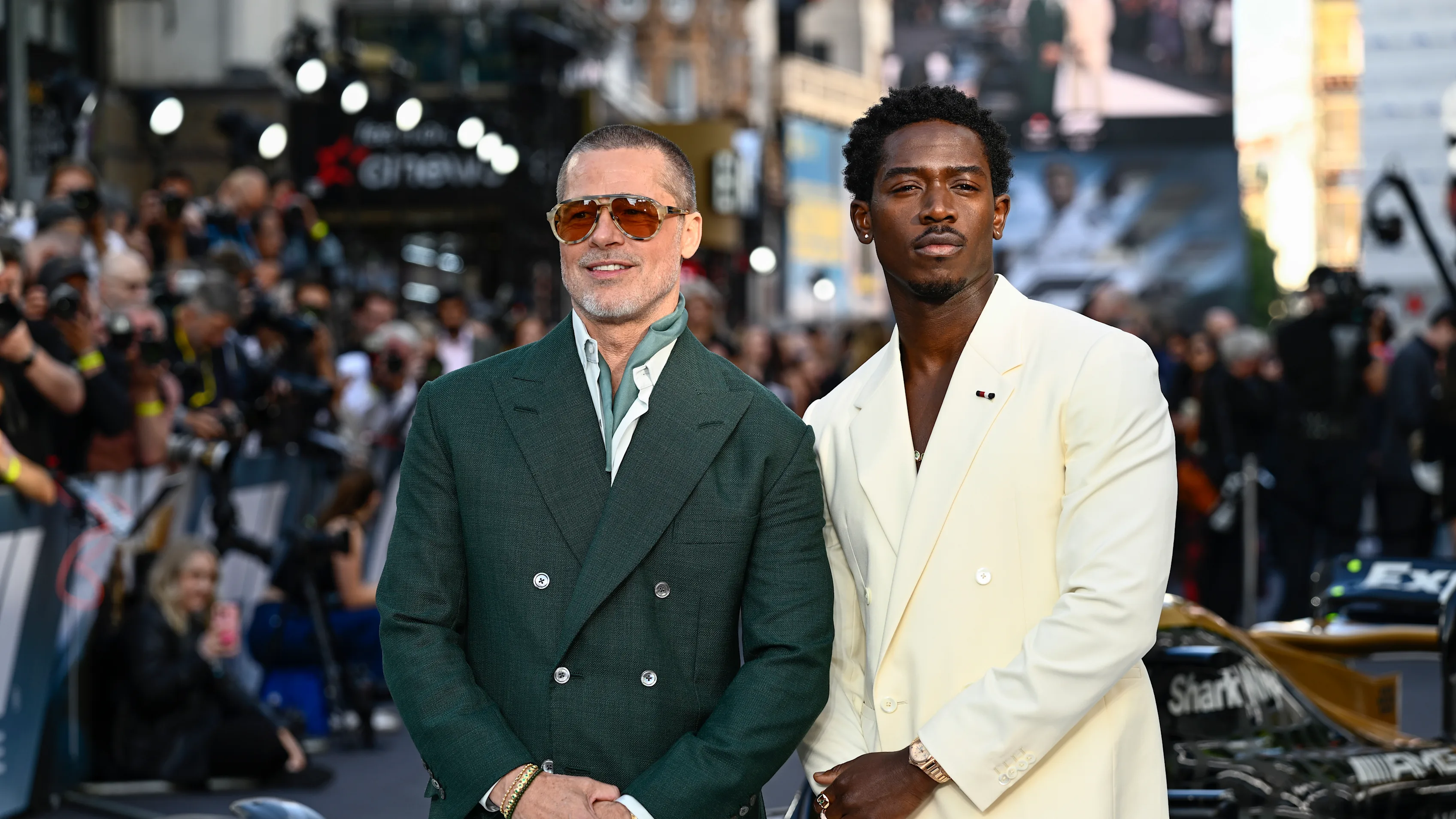 LONDON, ENGLAND - JUNE 23: (L-R) Brad Pitt and Damson Idris attend the European Premiere of F1 ®