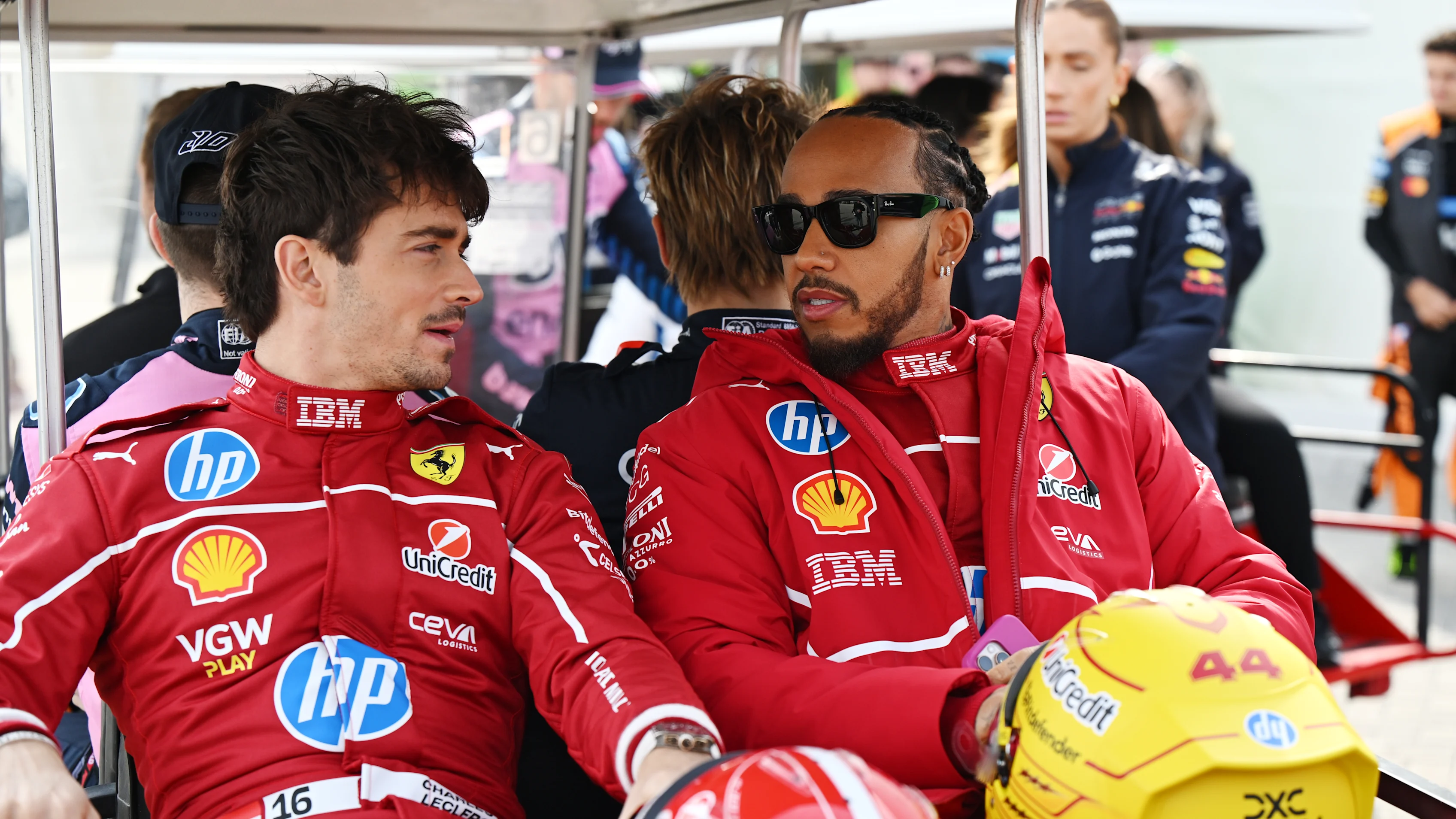 BAHRAIN, BAHRAIN - FEBRUARY 26: Charles Leclerc of Monaco and Scuderia Ferrari and Lewis Hamilton