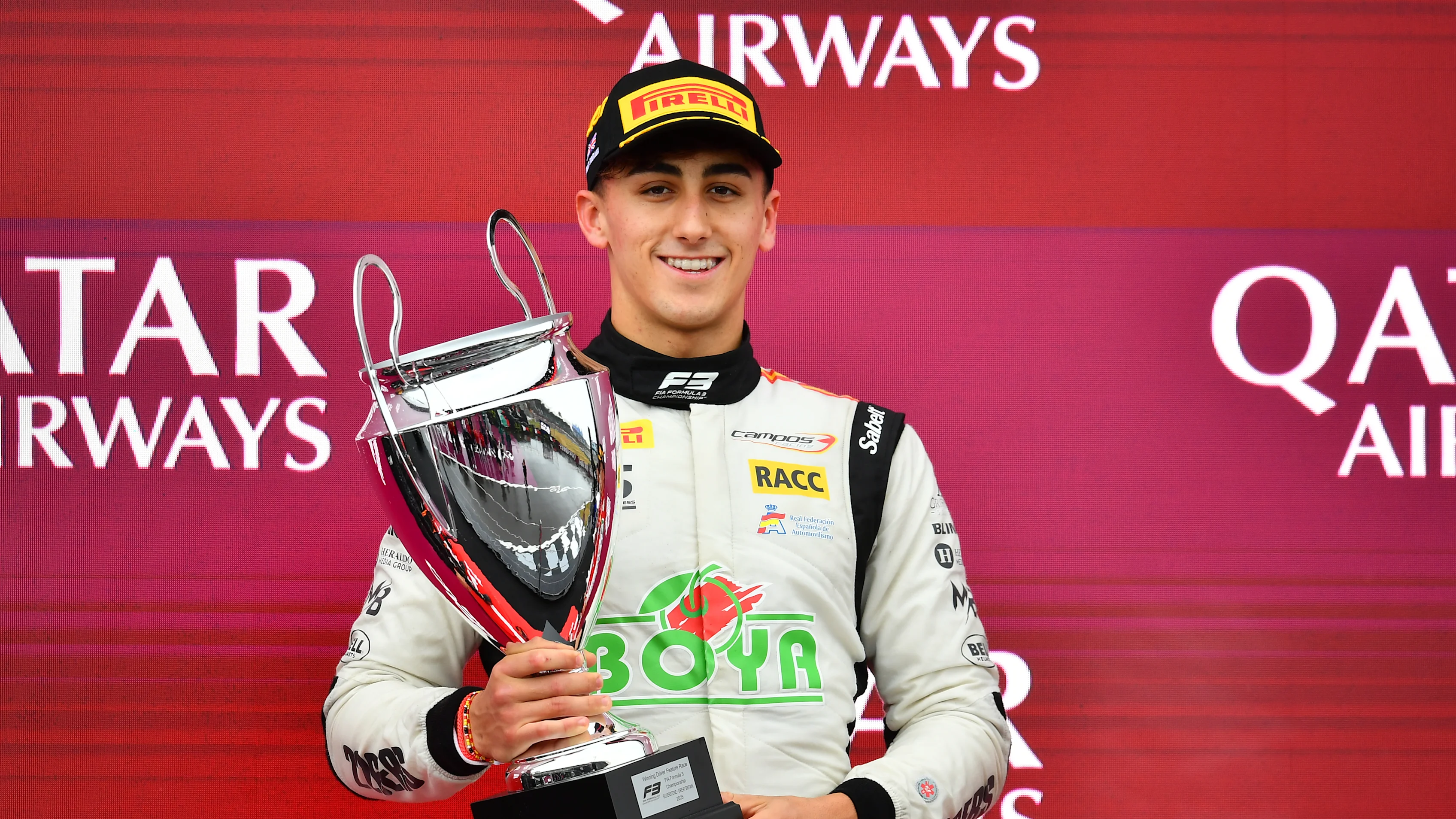 NORTHAMPTON, ENGLAND - JULY 06: Race winner Mari Boya of Spain and Campos Racing (10) on the podium