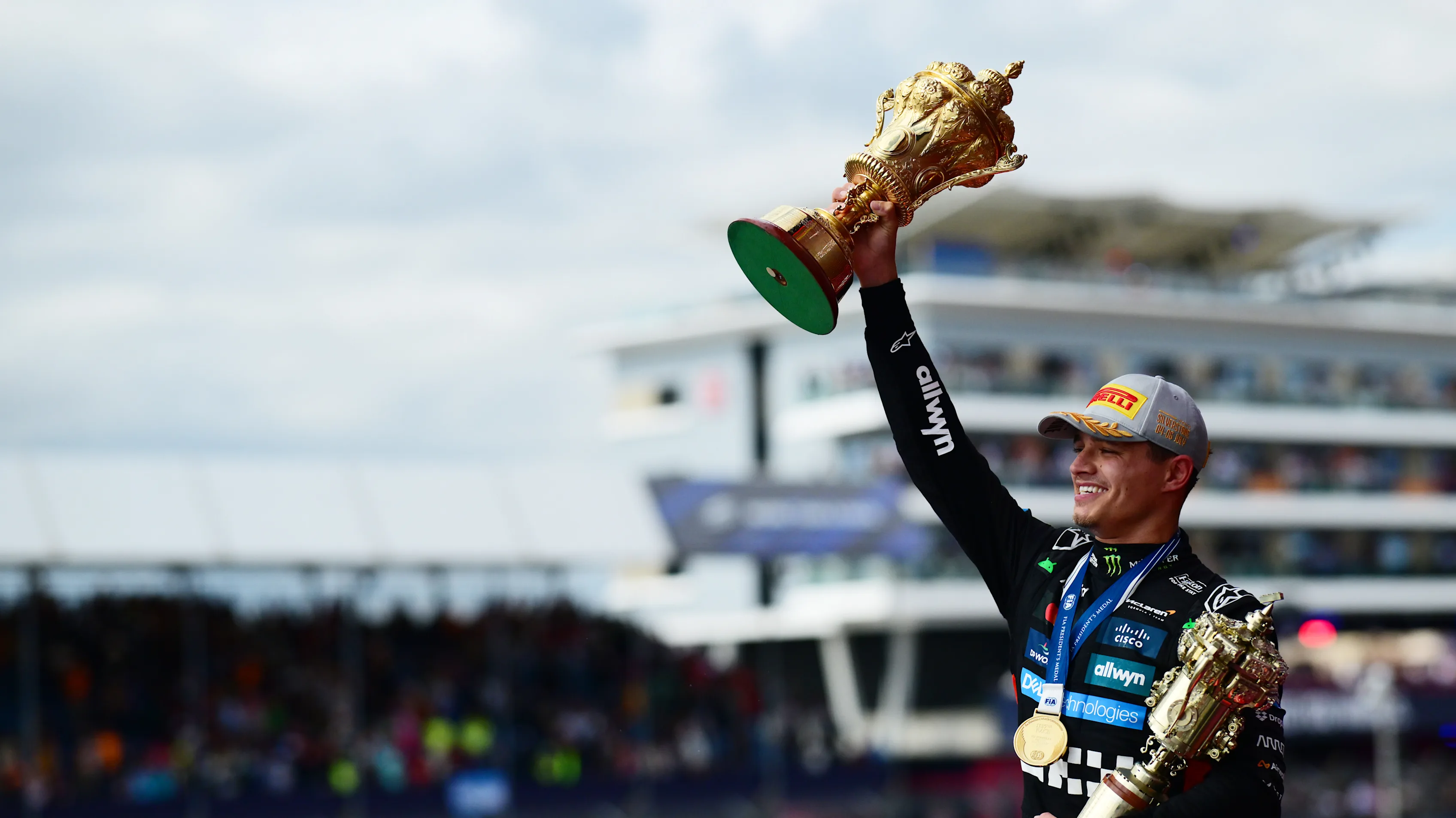 NORTHAMPTON, ENGLAND - JULY 06: Race winner Lando Norris of Great Britain and McLaren celebrates on