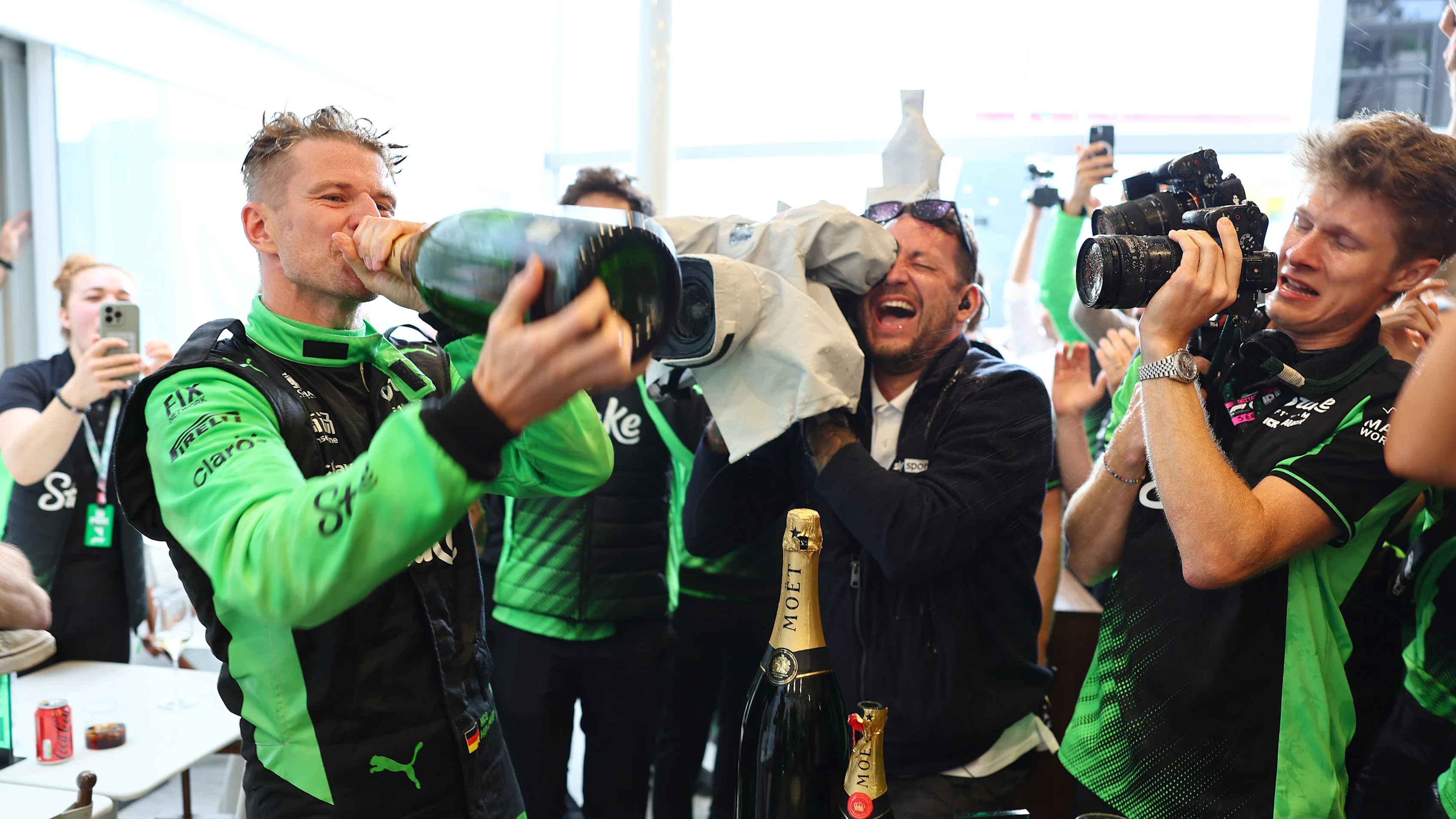 NORTHAMPTON, ENGLAND - JULY 06: Third placed Nico Hulkenberg of Germany and Stake F1 Team Kick