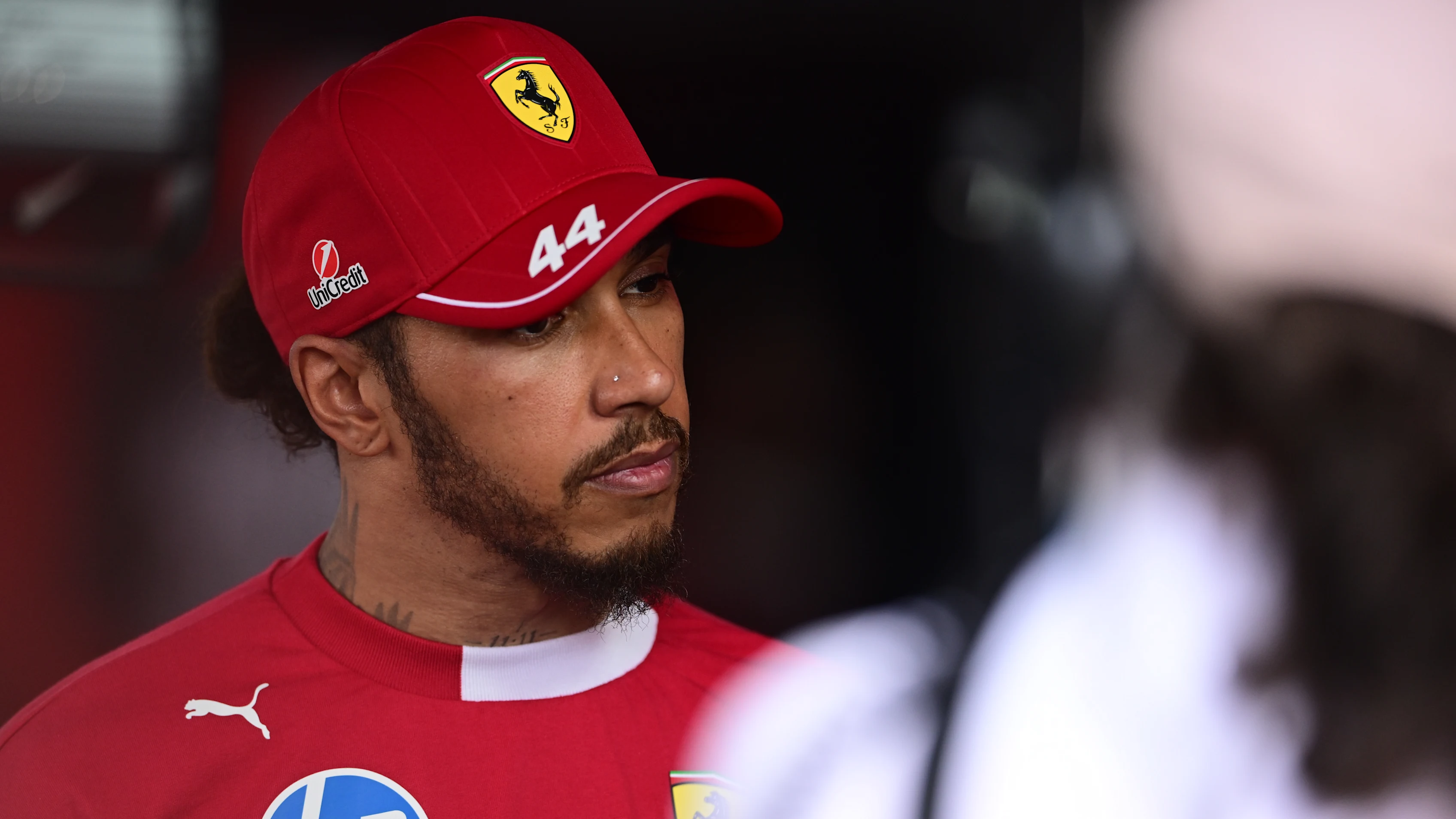 Lewis Hamilton of Scuderia Ferrari looks on during the race of the Hungarian GP, the 14th round of