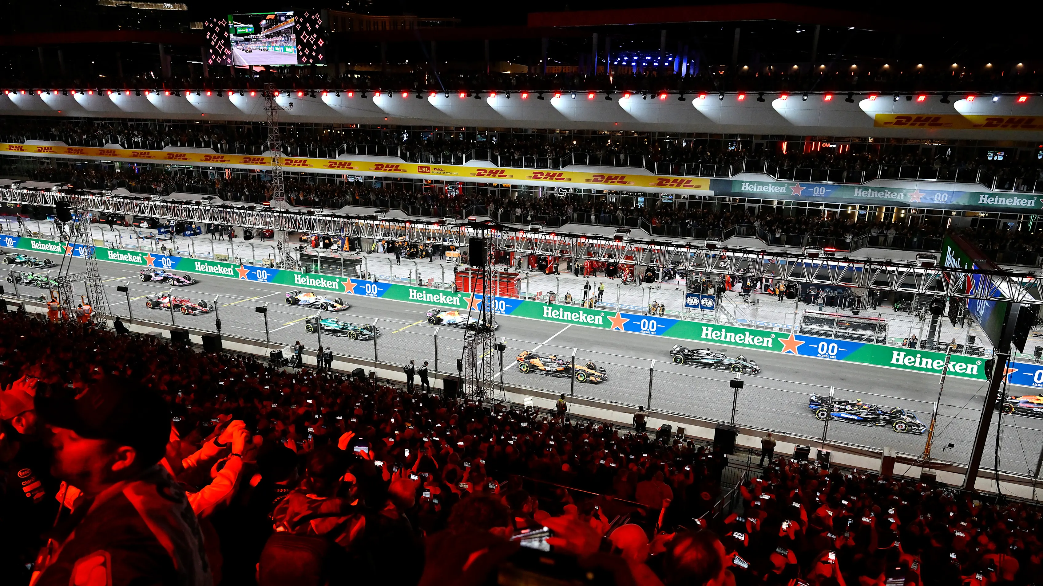 LAS VEGAS, NEVADA - NOVEMBER 22: Fans view the start of the race during the F1 Las Vegas Grand Prix