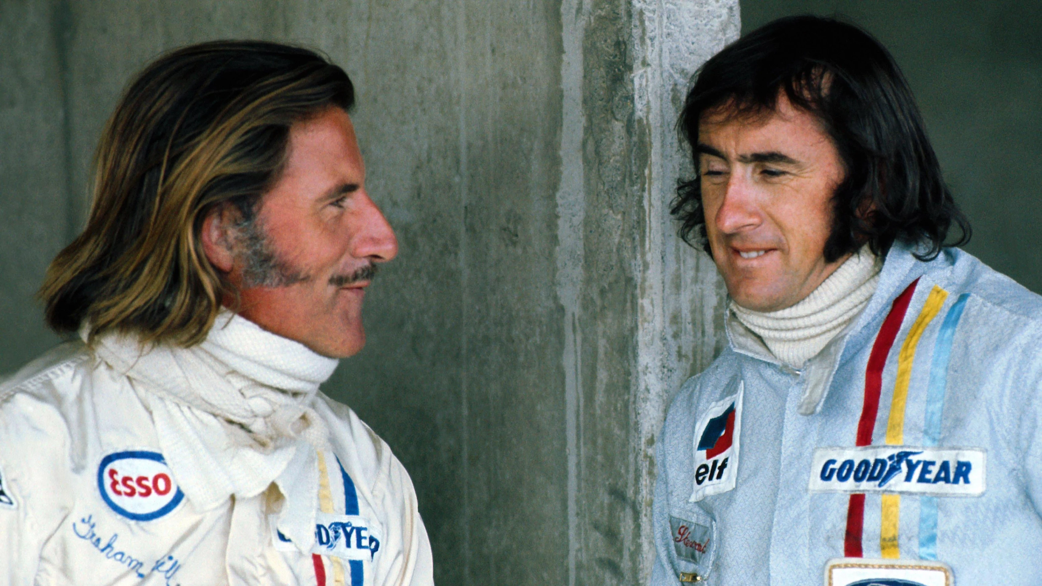 Firm friends off the track; Graham Hill (GBR) Brabham and Jackie Stewart (GBR) Tyrrell share their