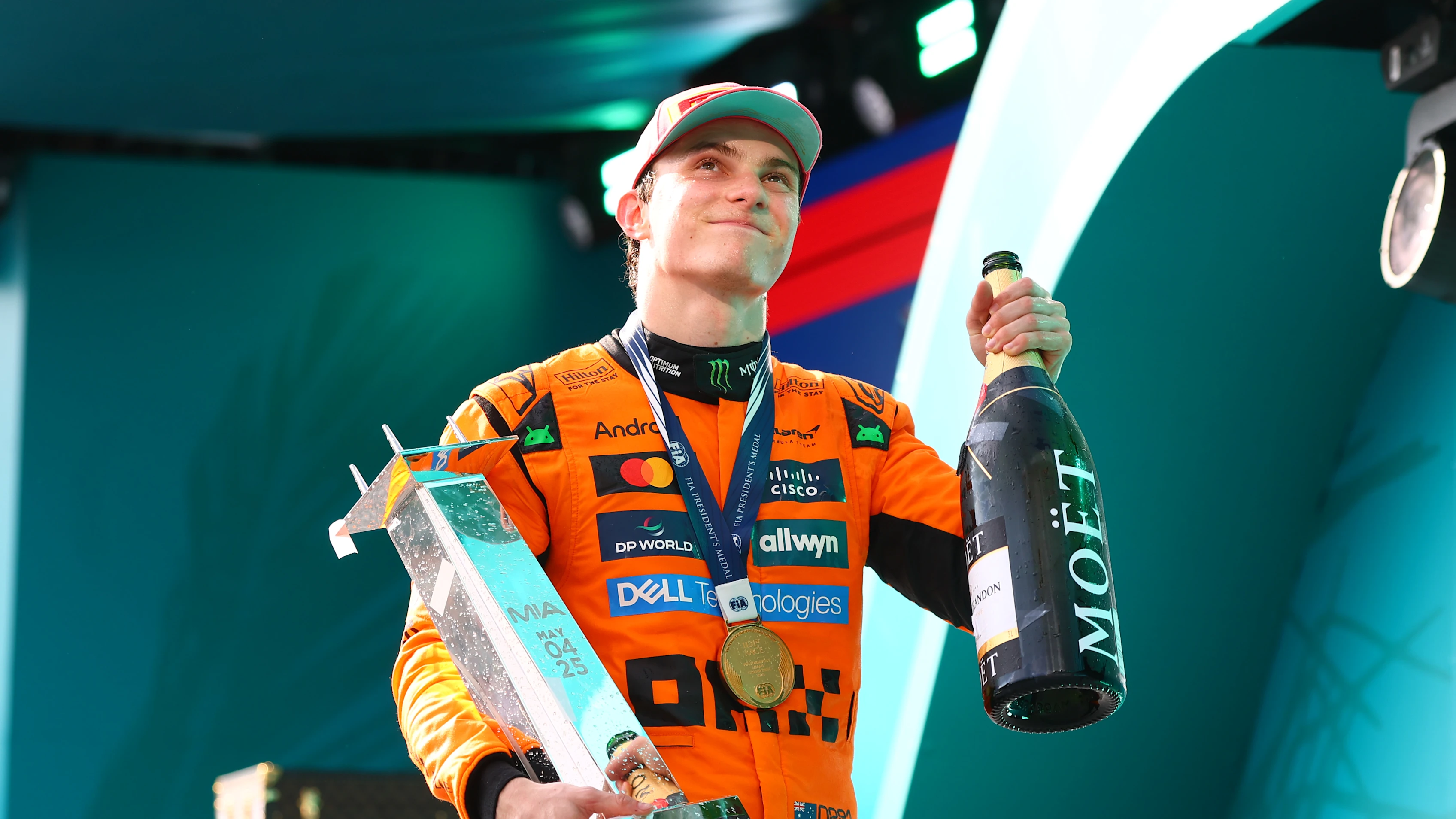 MIAMI, FLORIDA - MAY 04: Race winner Oscar Piastri of Australia and McLaren celebrates in parc