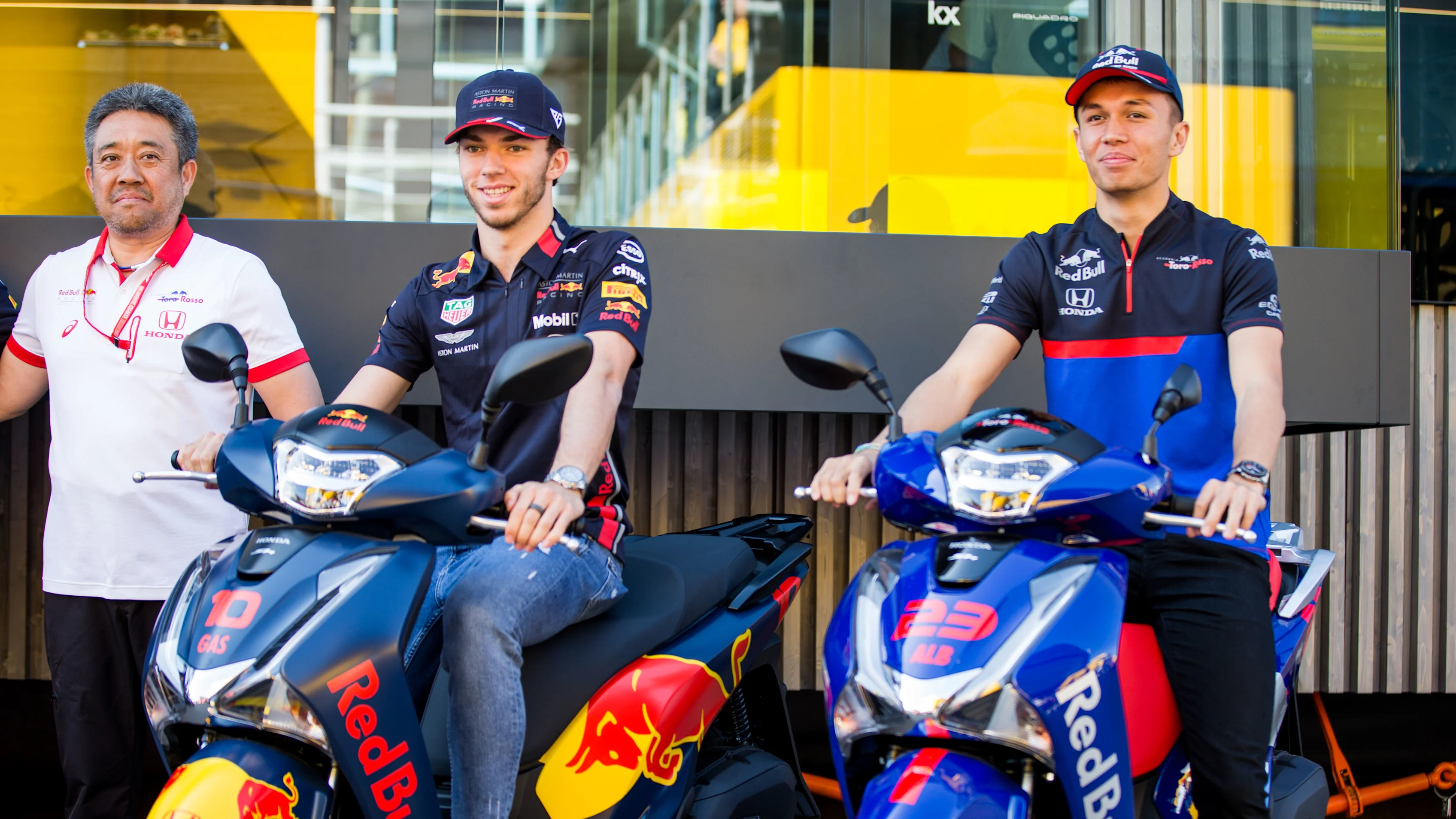 BARCELONA, SPAIN - MAY 09: Pierre Gasly of Red Bull Racing and France with Alex Albon of Scuderia