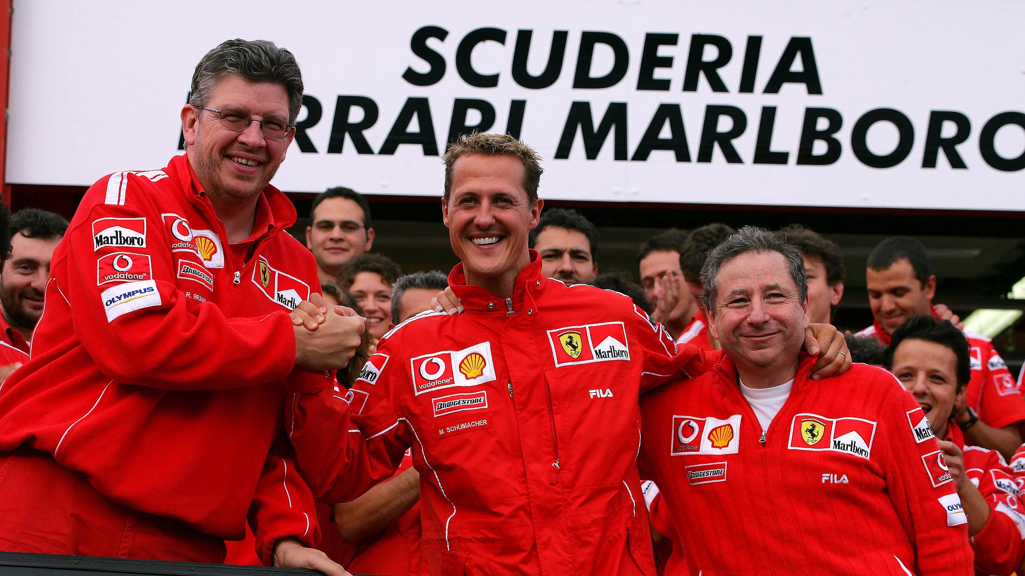 (L to R): Ross Brawn (GBR) Ferrari Technical Director , Michael Schumacher (GER)and Jean Todt (FRA)
