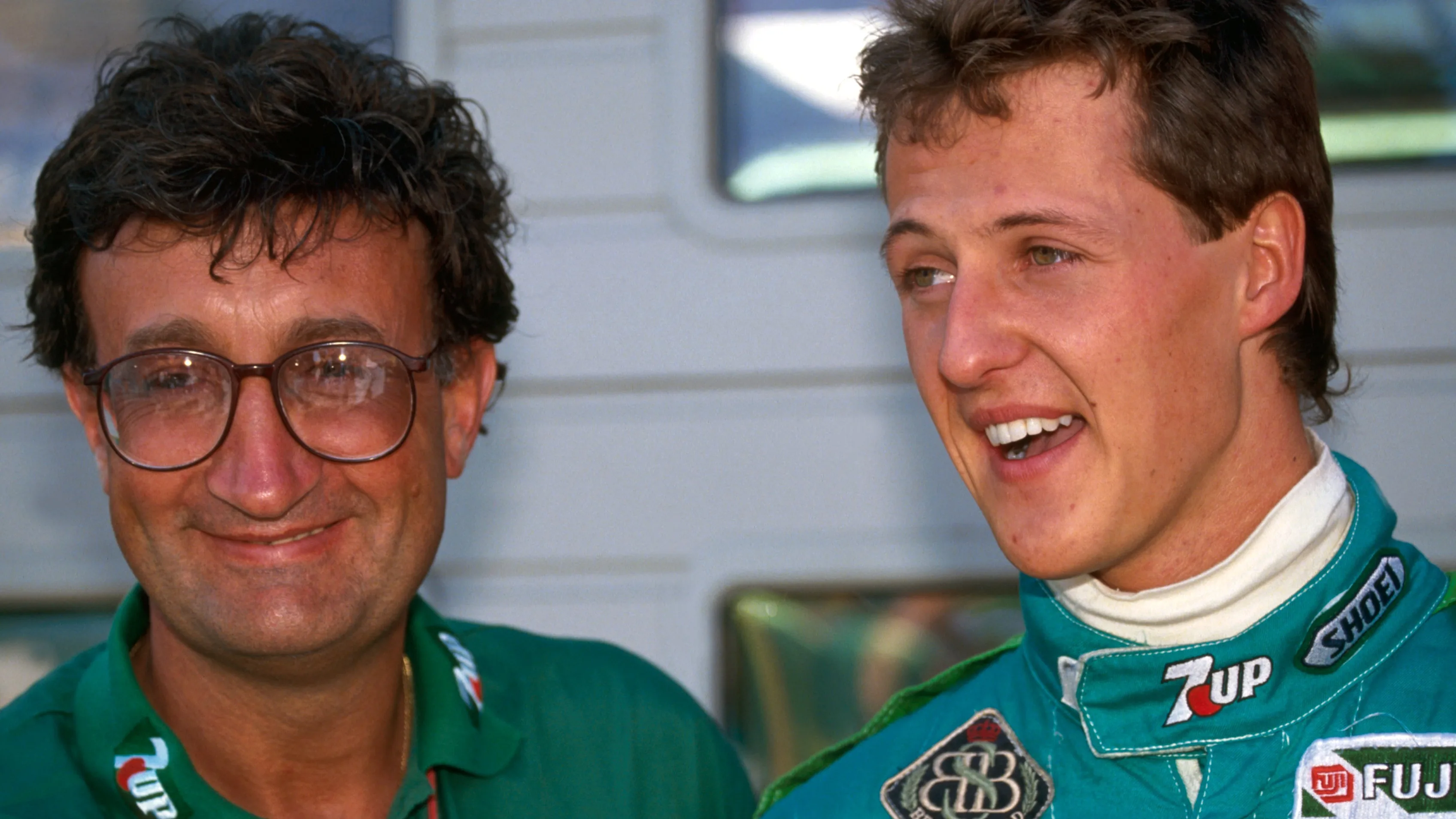 Eddie Jordan (IRL) Jordan team owner, with his new driver Michael Schumacher (GER), who qualified a