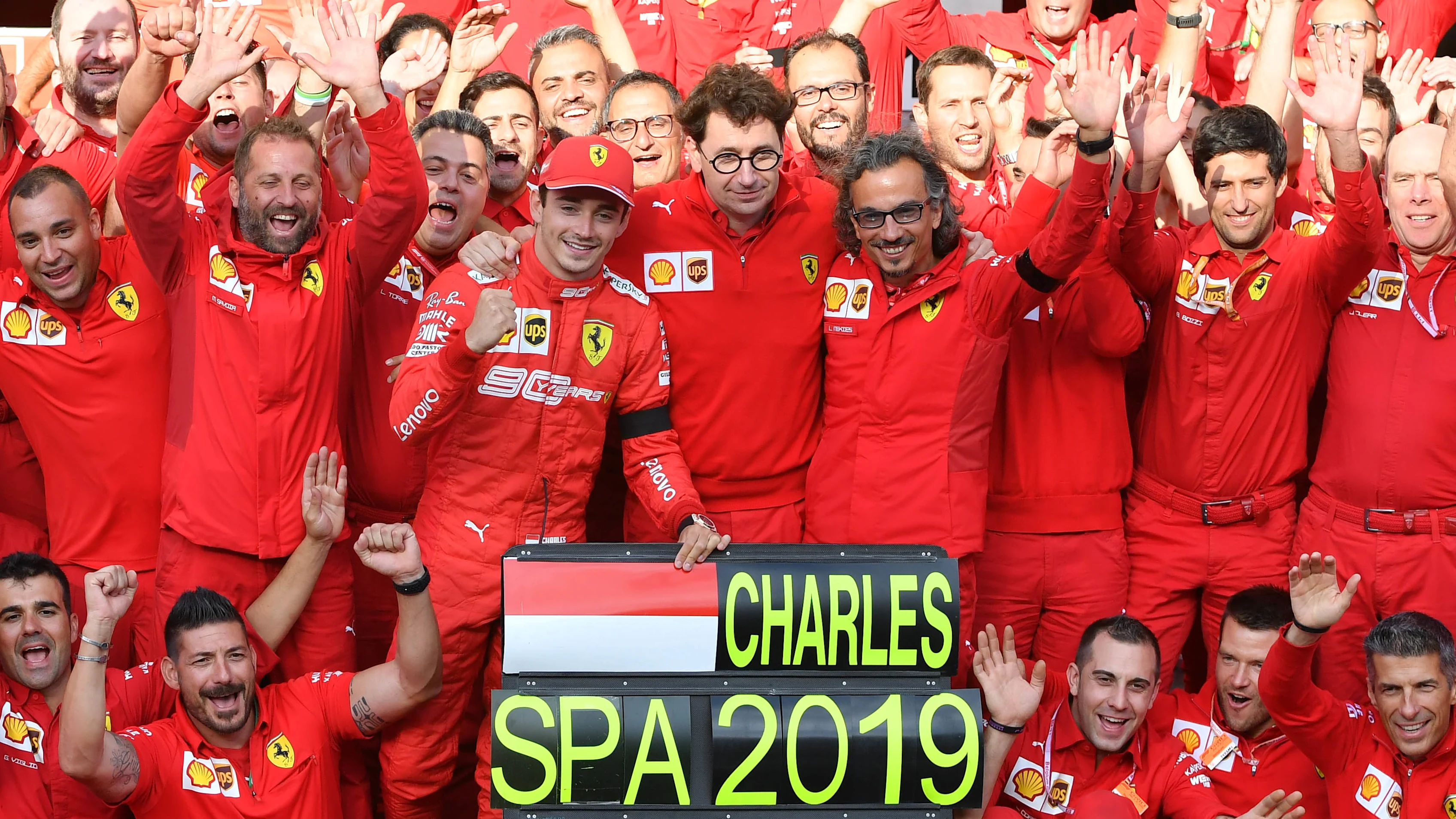 SPA-FRANCORCHAMPS, BELGIUM - SEPTEMBER 01: Charles Leclerc, Ferrari, Mattia Binotto, Team Principal