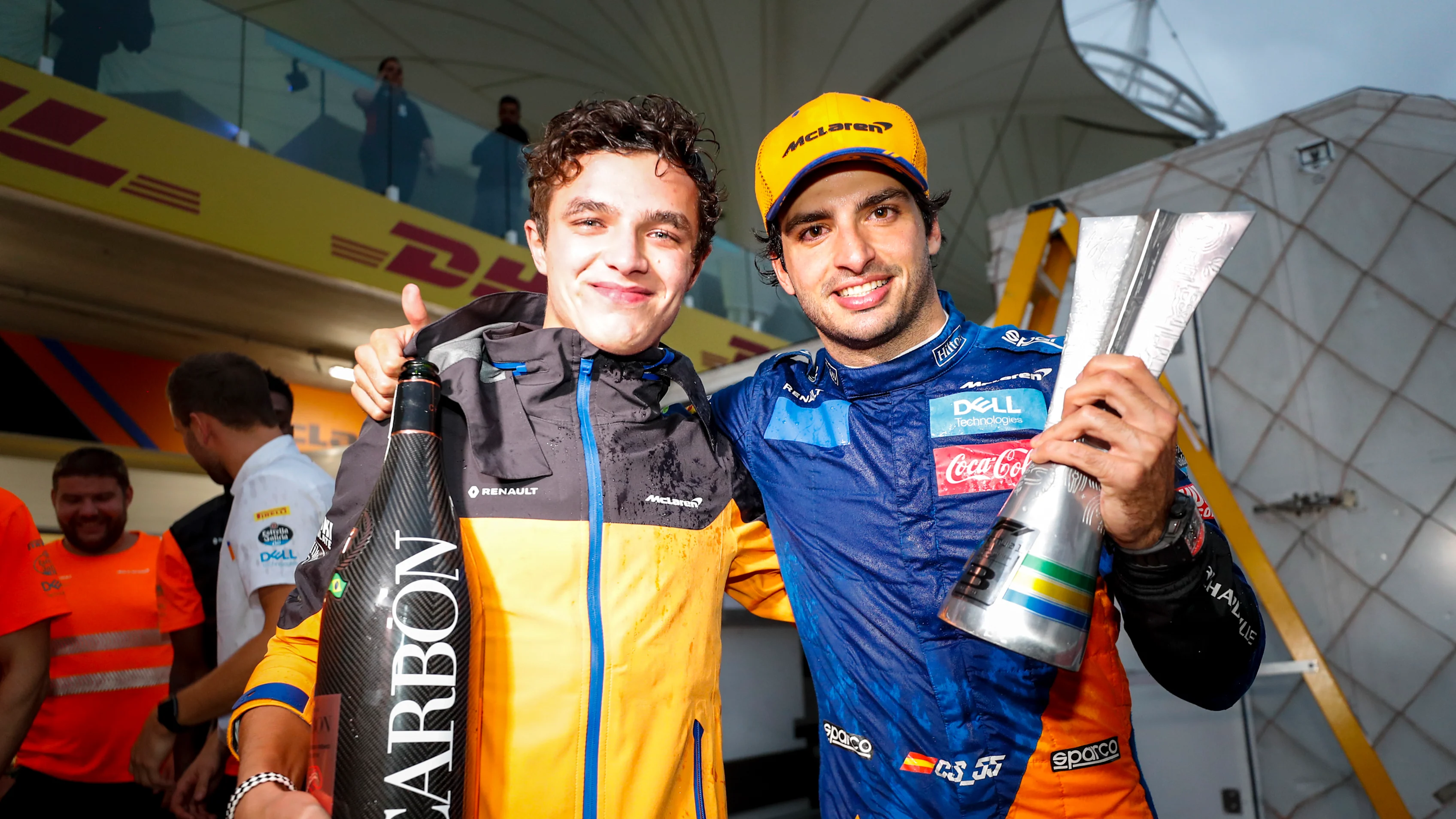 SAO PAULO, BRAZIL - NOVEMBER 17: Lando Norris, McLaren, 4th position, and Carlos Sainz Jr, McLaren,