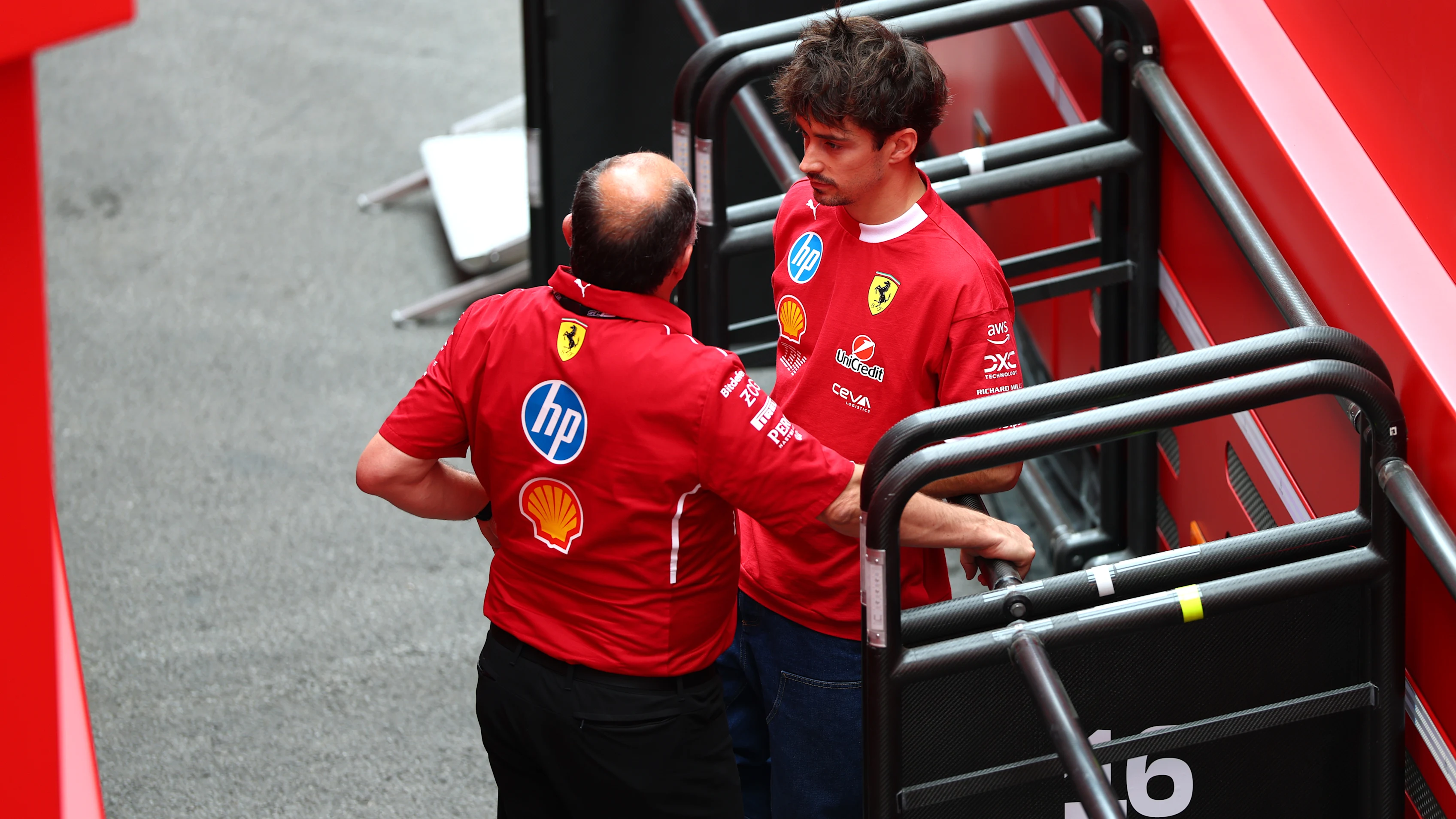 BARCELONA, SPAIN - MAY 31: Frederic Vasseur, Team Principal of Scuderia Ferrari with Charles