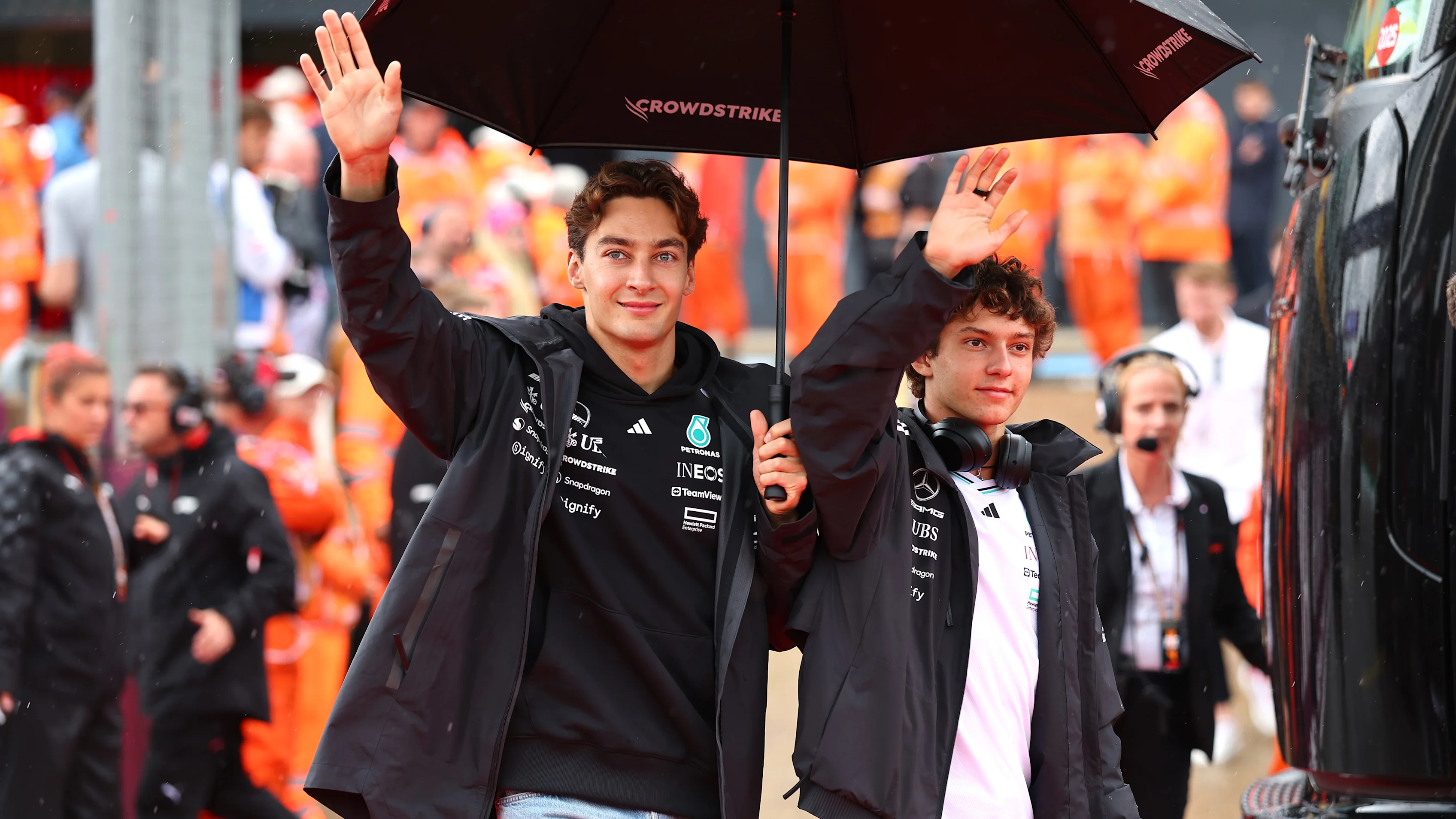 NORTHAMPTON, ENGLAND - JULY 06: George Russell of Great Britain and Mercedes AMG Petronas F1 Team