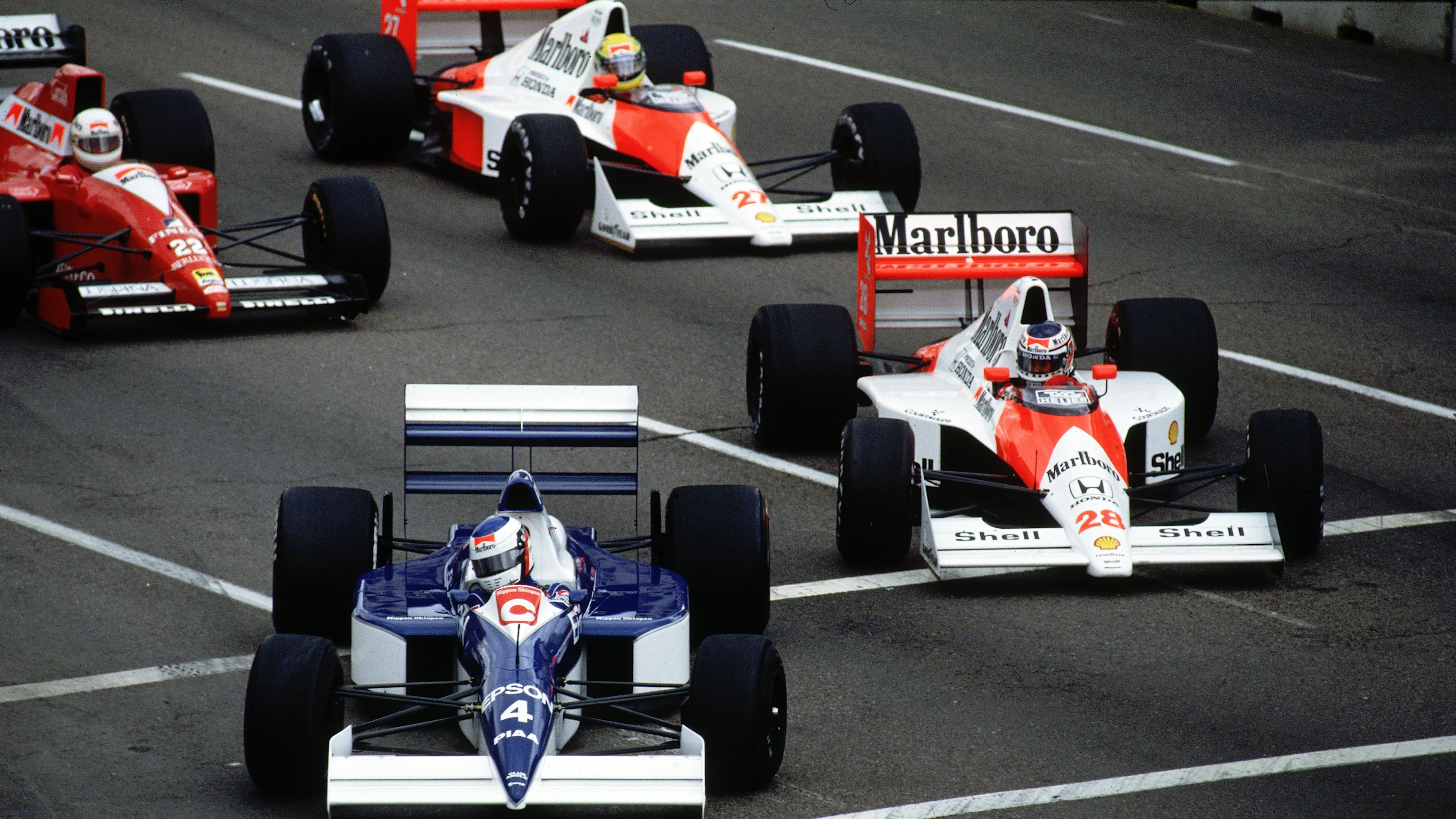 Jean Alesi of France driving the #4 Tyrrell Racing Organisation Tyrrell 019 Cosworth V8 leads