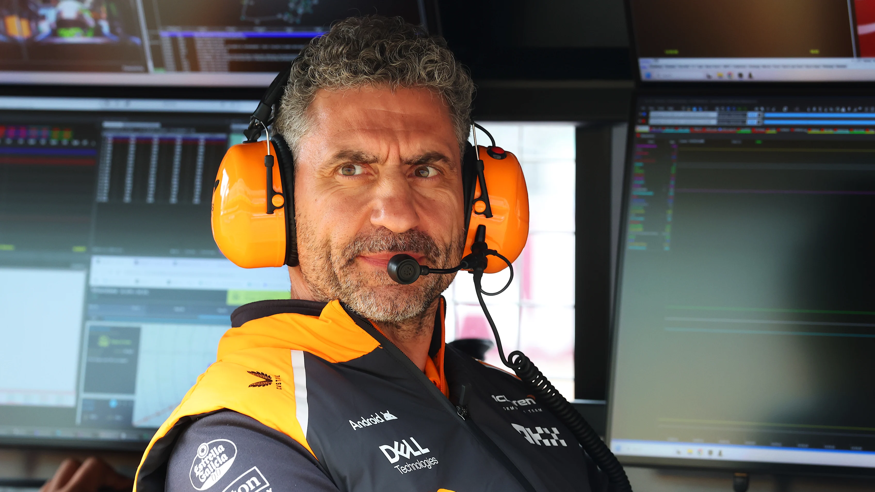 NORTHAMPTON, ENGLAND - JULY 05: Andrea Stella, Team Principal of McLaren looks on from the pit wall