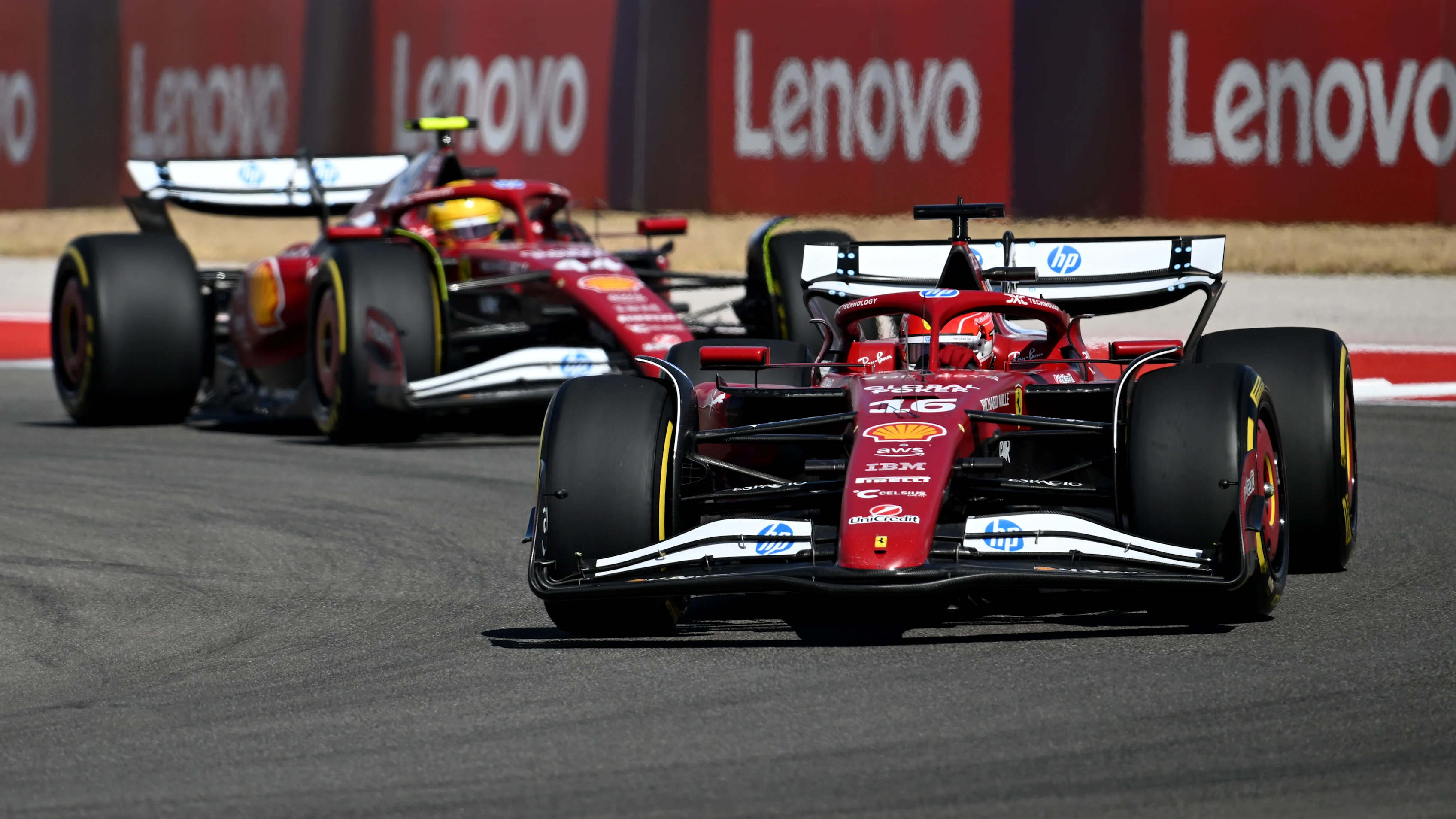 AUSTIN, TEXAS - OCTOBER 18: Charles Leclerc of Monaco driving the (16) Scuderia Ferrari SF-25 leads