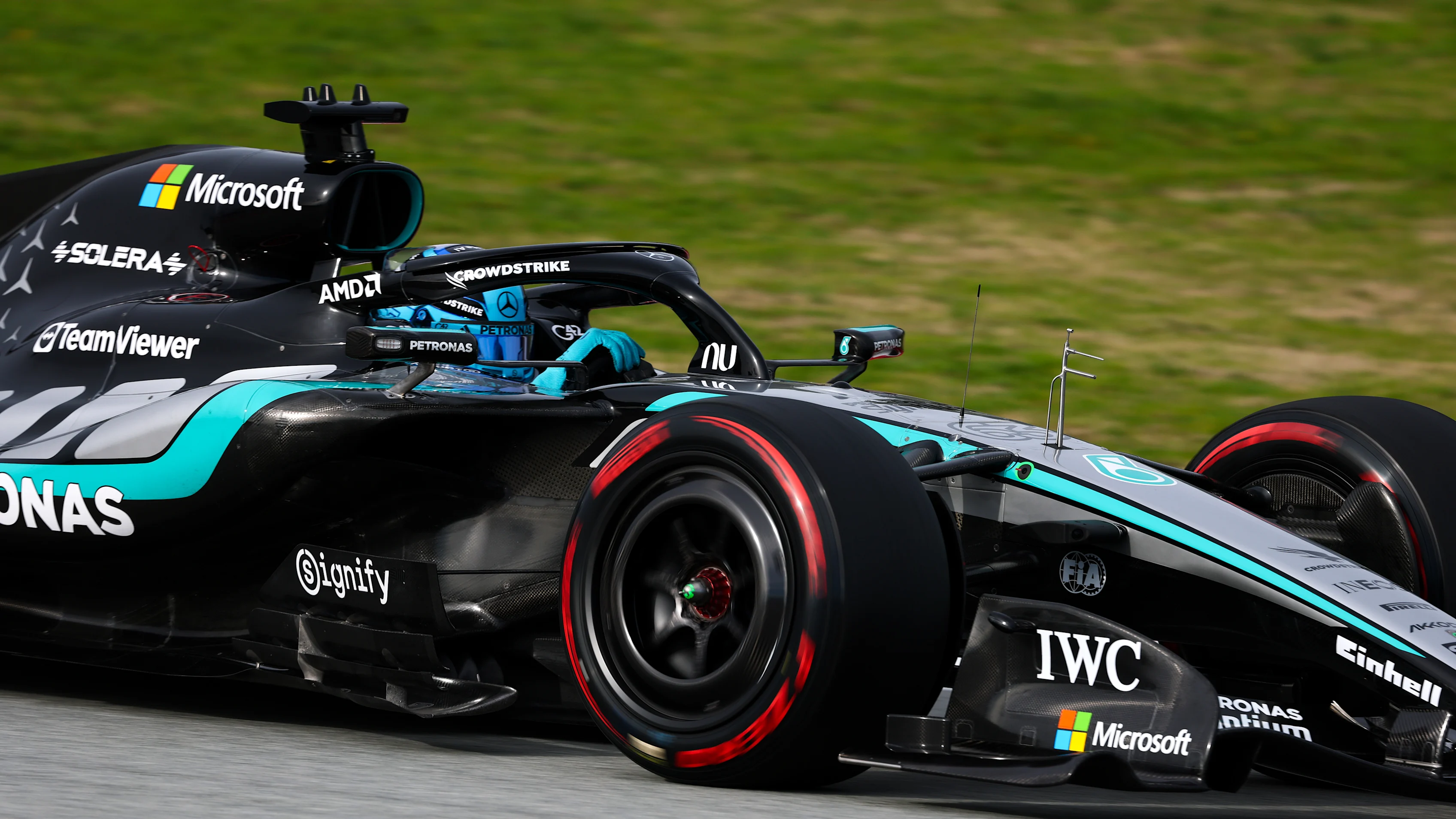 MONTMELO, SPAIN - JANUARY 29: George Russell of Great Britain driving the (63) Mercedes AMG