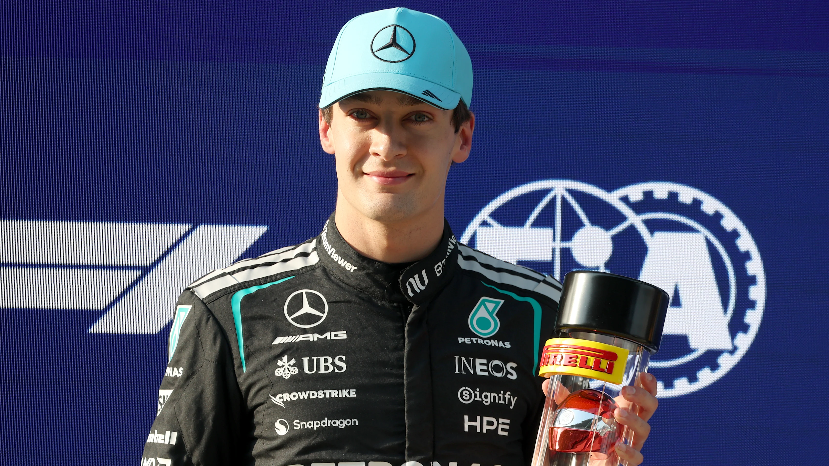 SHANGHAI, CHINA - MARCH 13: Pole position qualifier George Russell of Great Britain and Mercedes