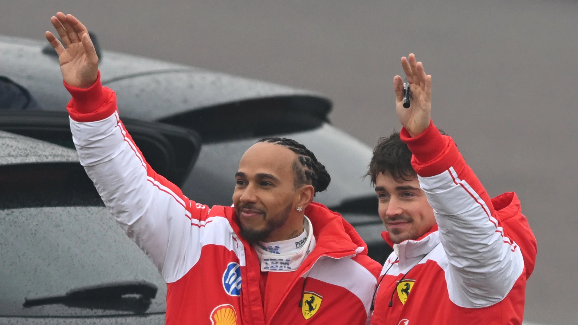FIORANO MODENESE, ITALY - JANUARY 23: Lewis Hamilton of Great Britain and Charles Leclerc of Monaco