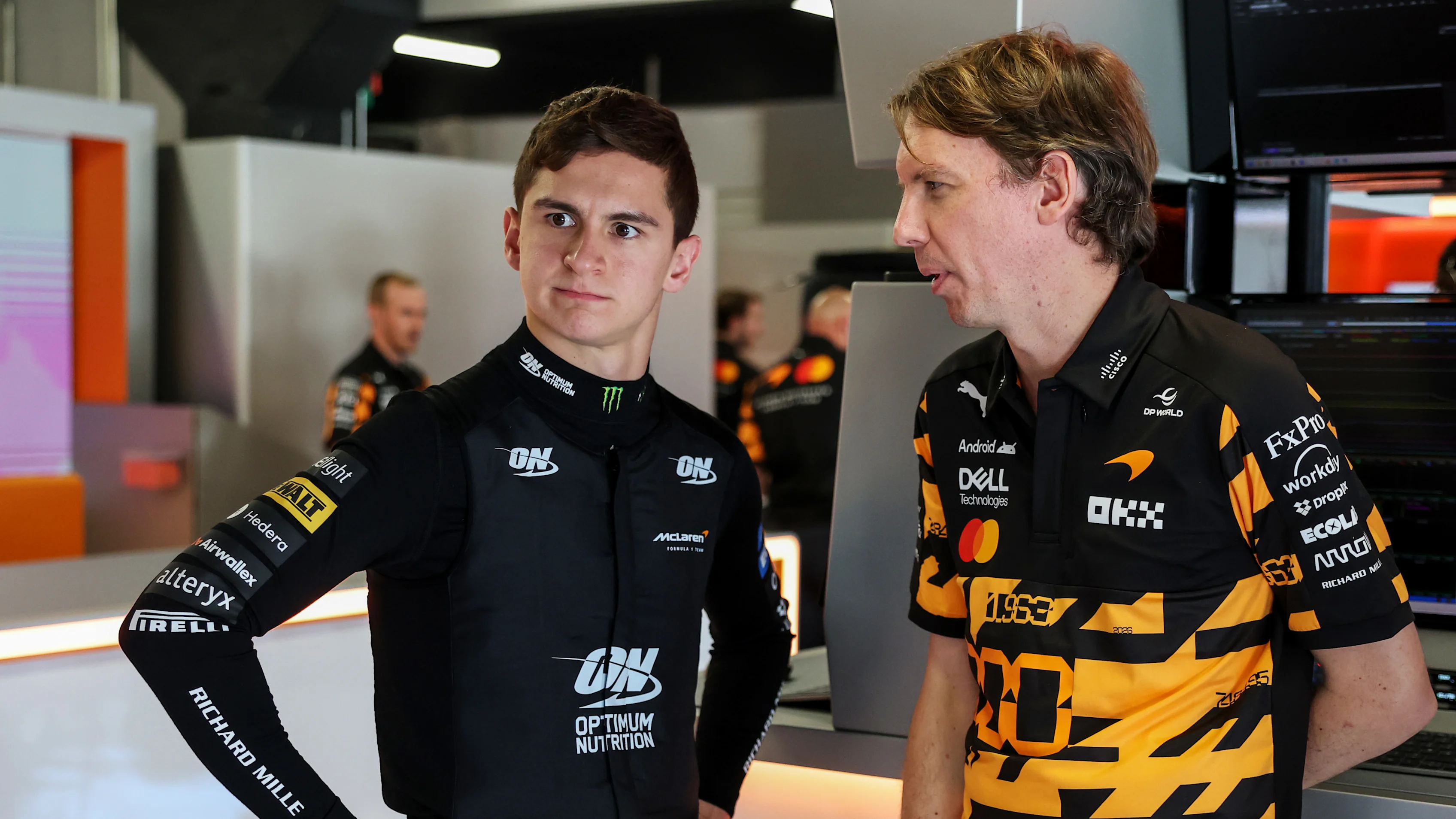 BARCELONA, SPAIN - JUNE 12: Leonardo Fornaroli of Italy and McLaren in the garage with Will Joseph,